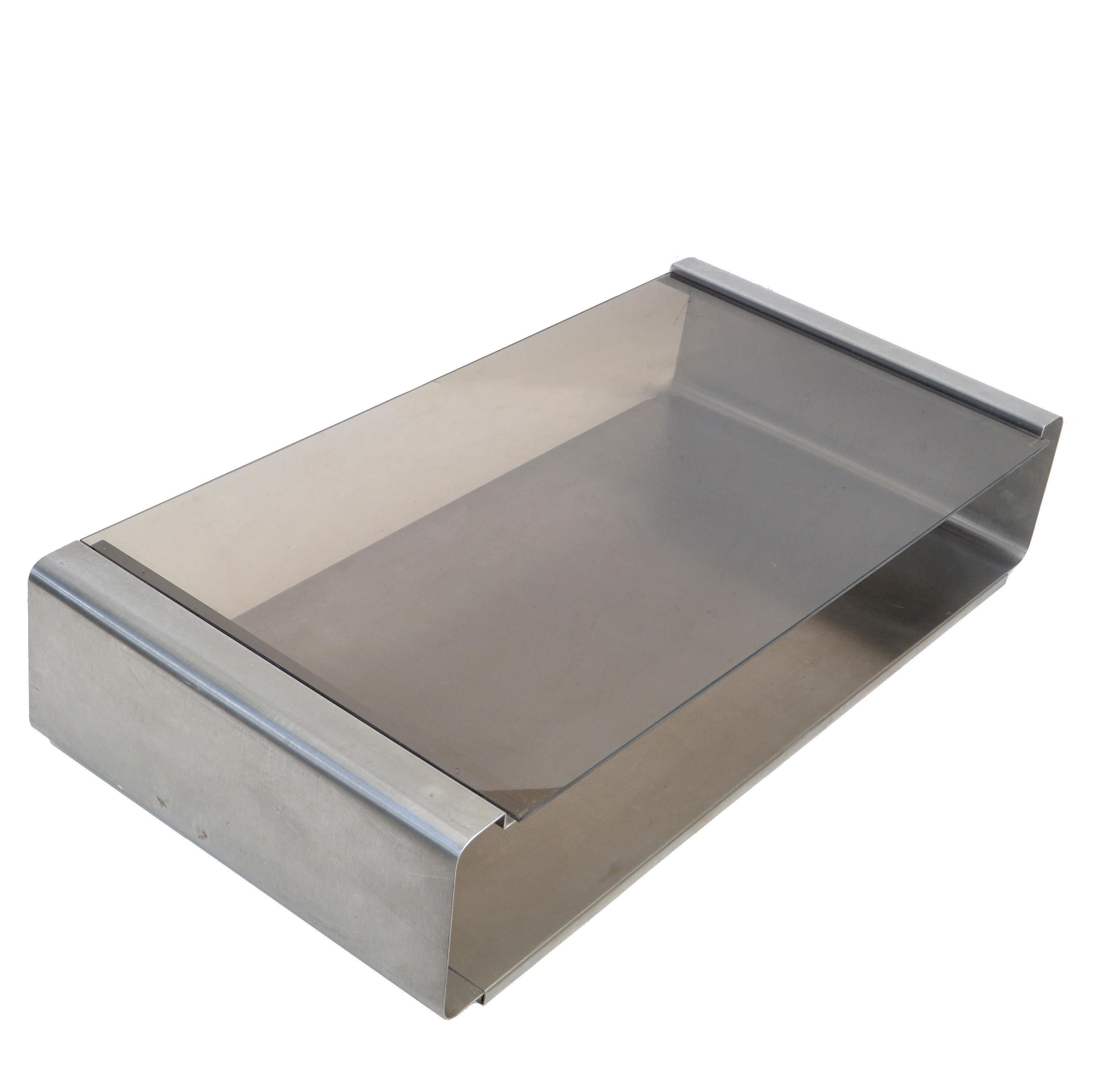 French Francois Monnet Coffee Table Smoked Glass and Brushed Steel , pair available  For Sale