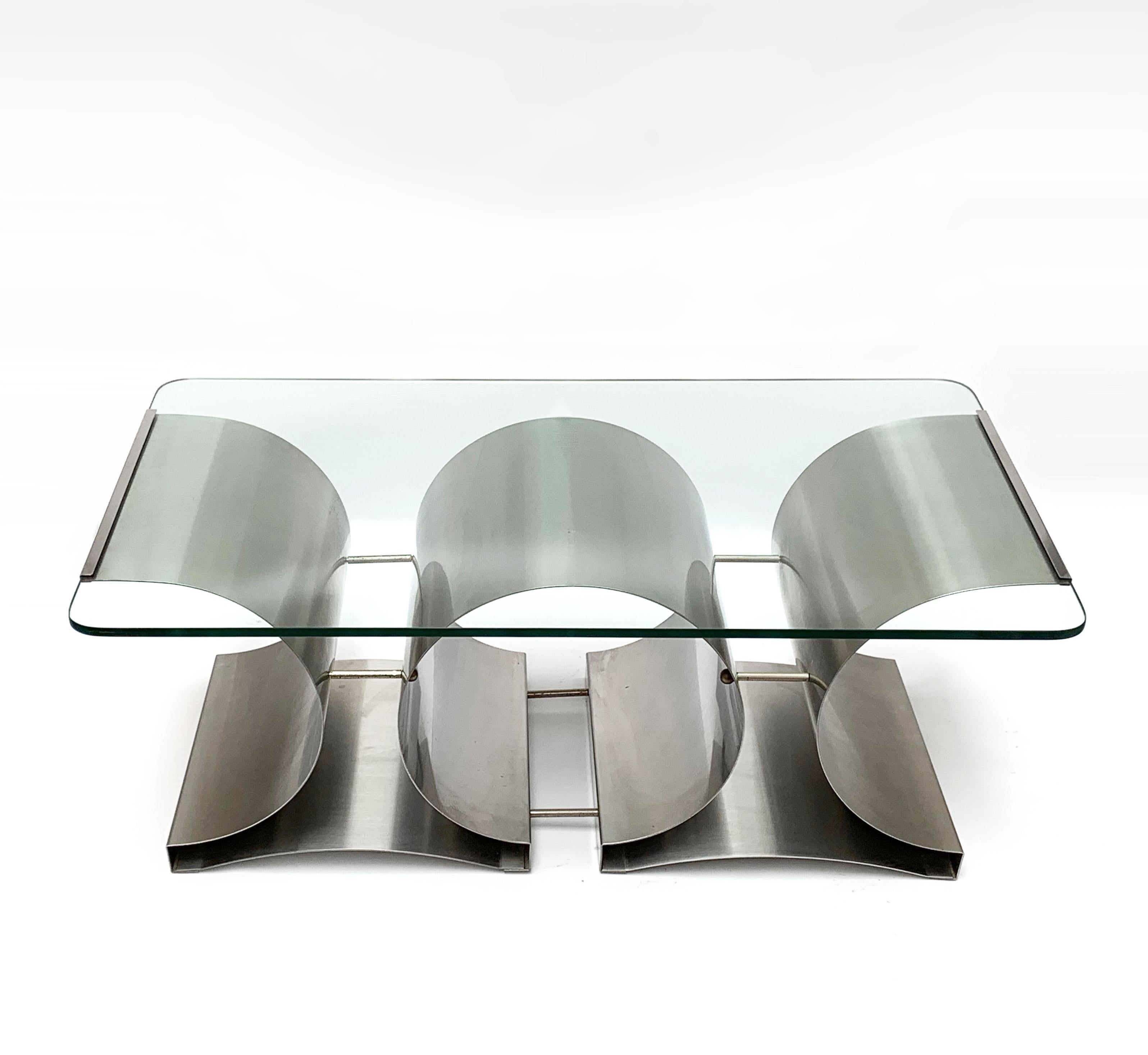 Stainless Steel Francois Monnet Midcentury Steel and Crystal Glass French Coffee Table, 1970s