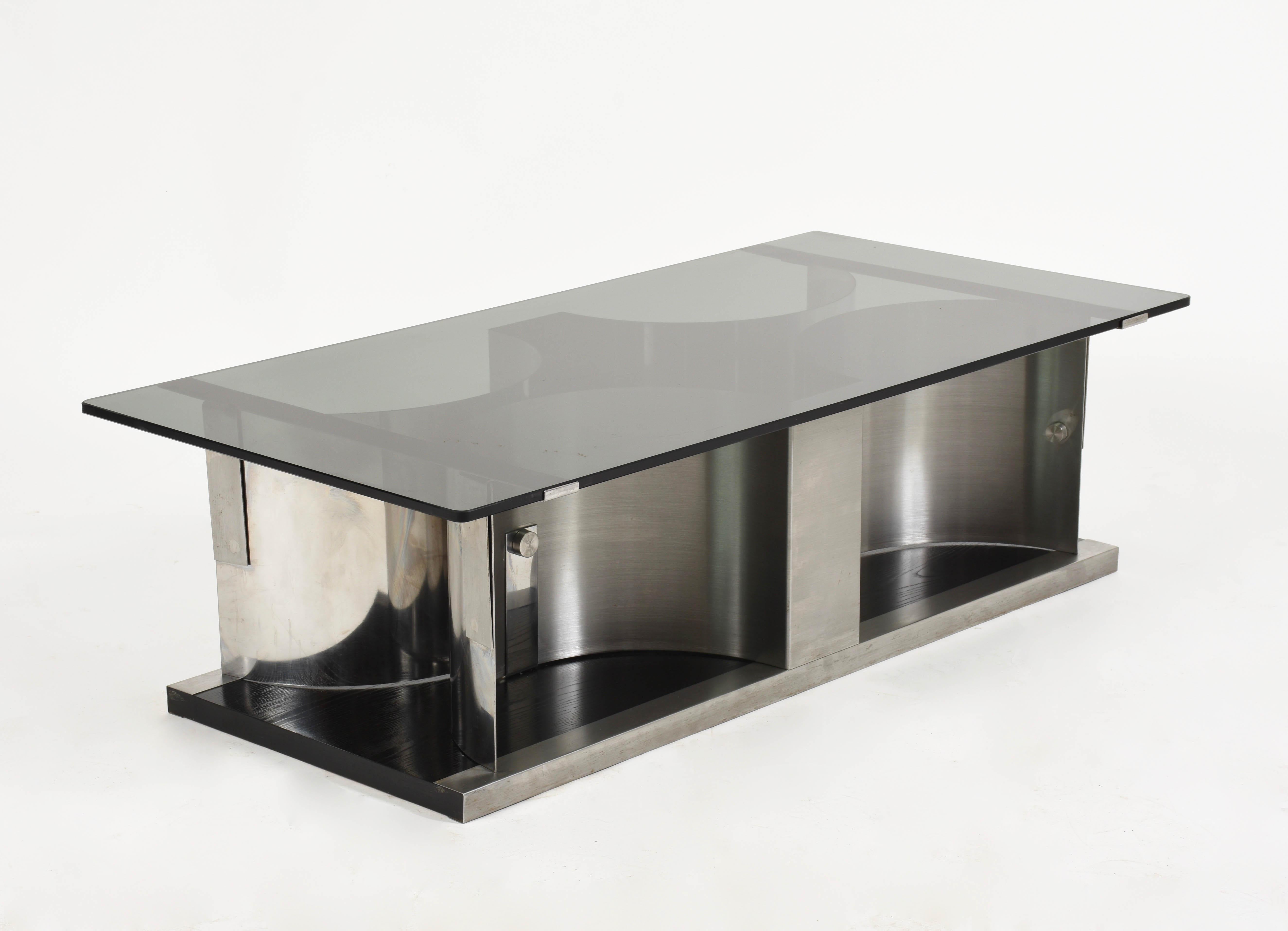 Mid-Century Modern Francois Monnet Midcentury Steel, Smoked Green Glass,  French Coffee Table 1970s