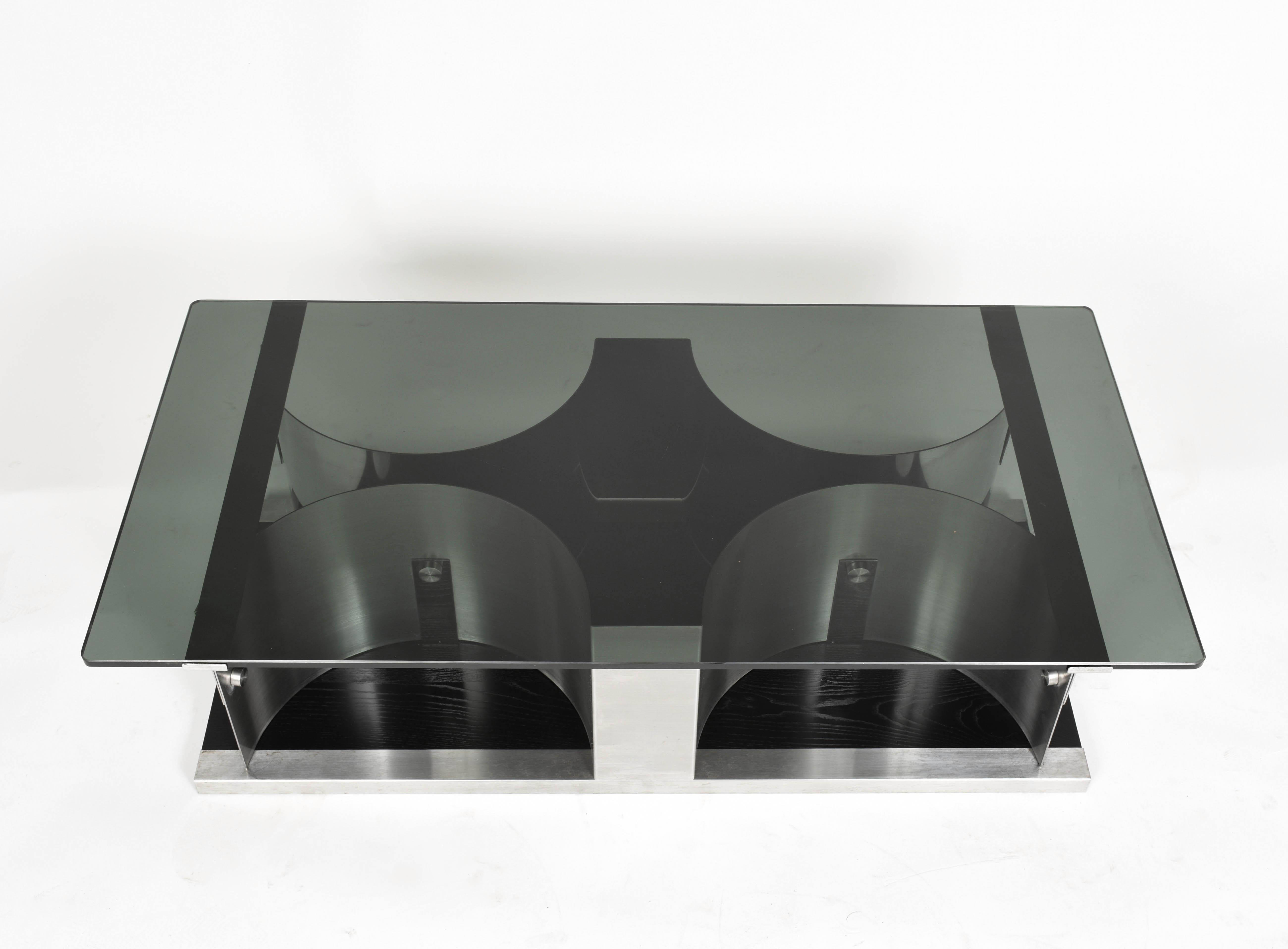 Ebonized Francois Monnet Midcentury Steel, Smoked Green Glass,  French Coffee Table 1970s