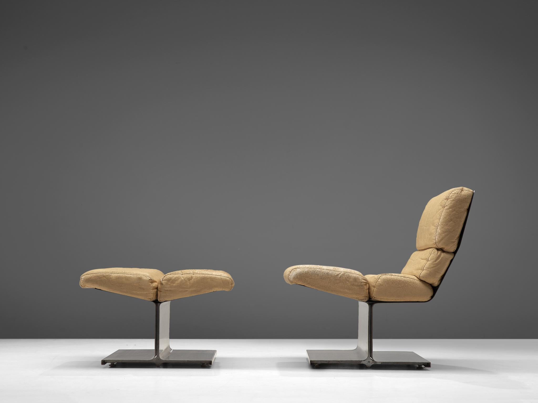 François Monnet for Kappa, lounge chair with ottoman, stainless steel and leather, France, circa 1970.

Modern lounge set by the French designer François Monnet, consisting of an easy chair and a stool. Monnet worked on incorporating steel into his