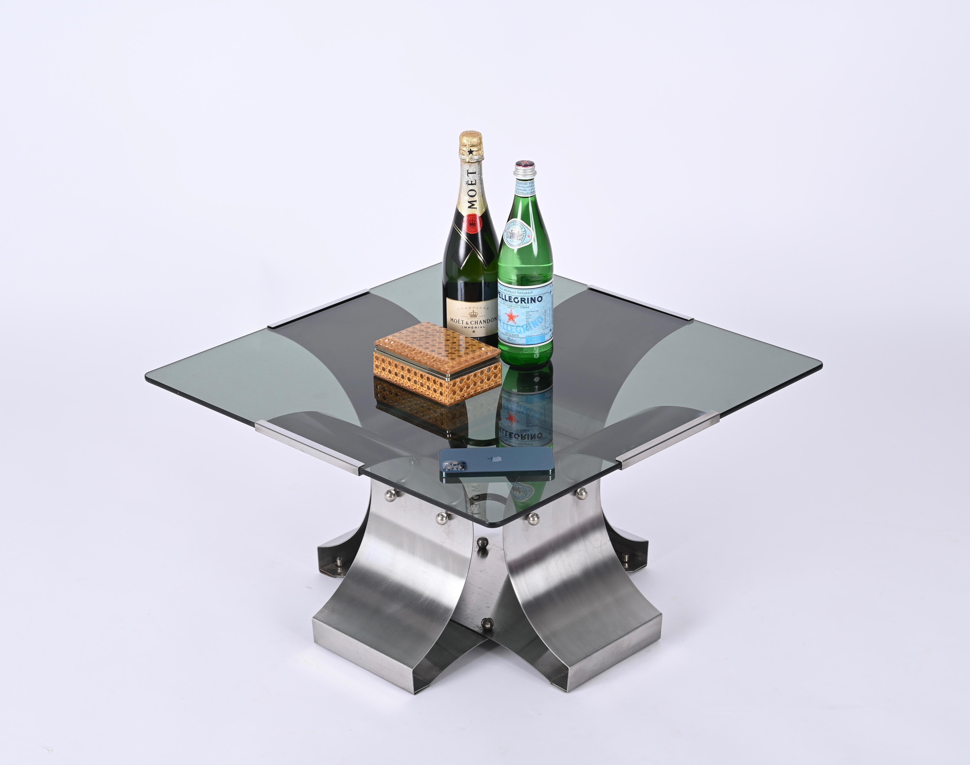 Francois Monnet Smoked Glass and Steel Squared French Coffee Table, 1970s For Sale 8