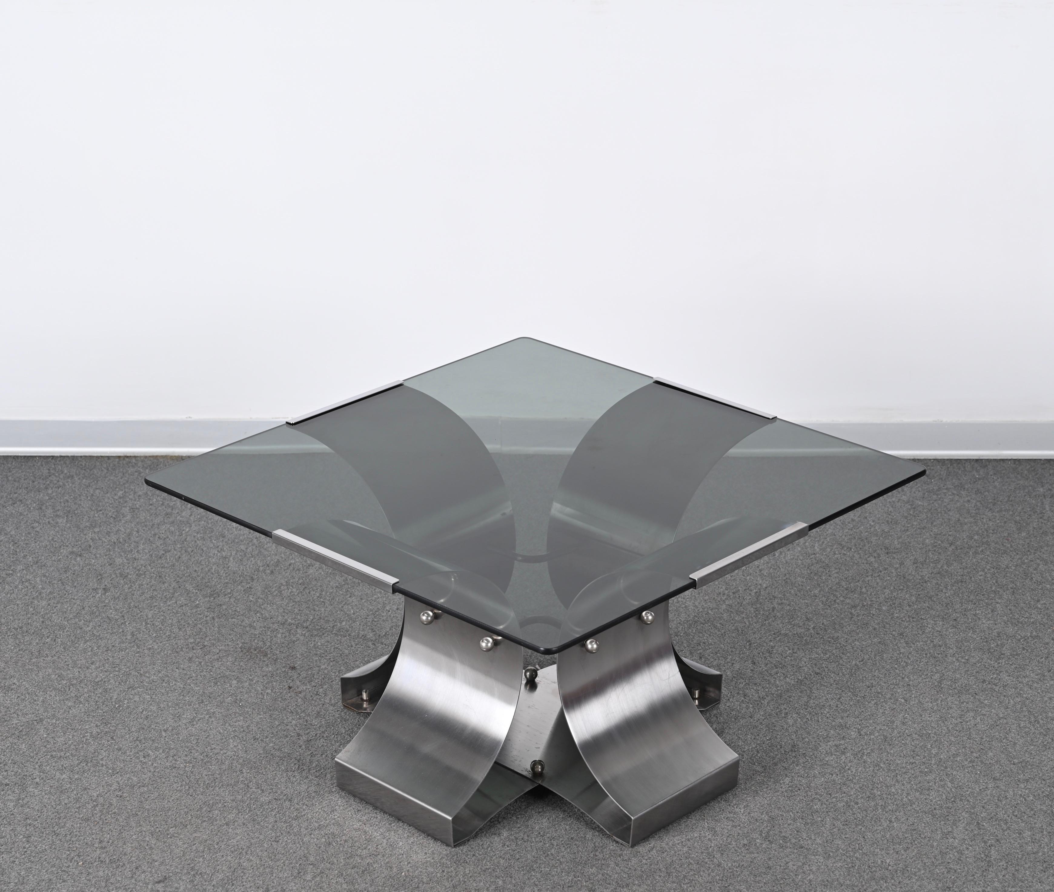 Francois Monnet Smoked Glass and Steel Squared French Coffee Table, 1970s For Sale 10