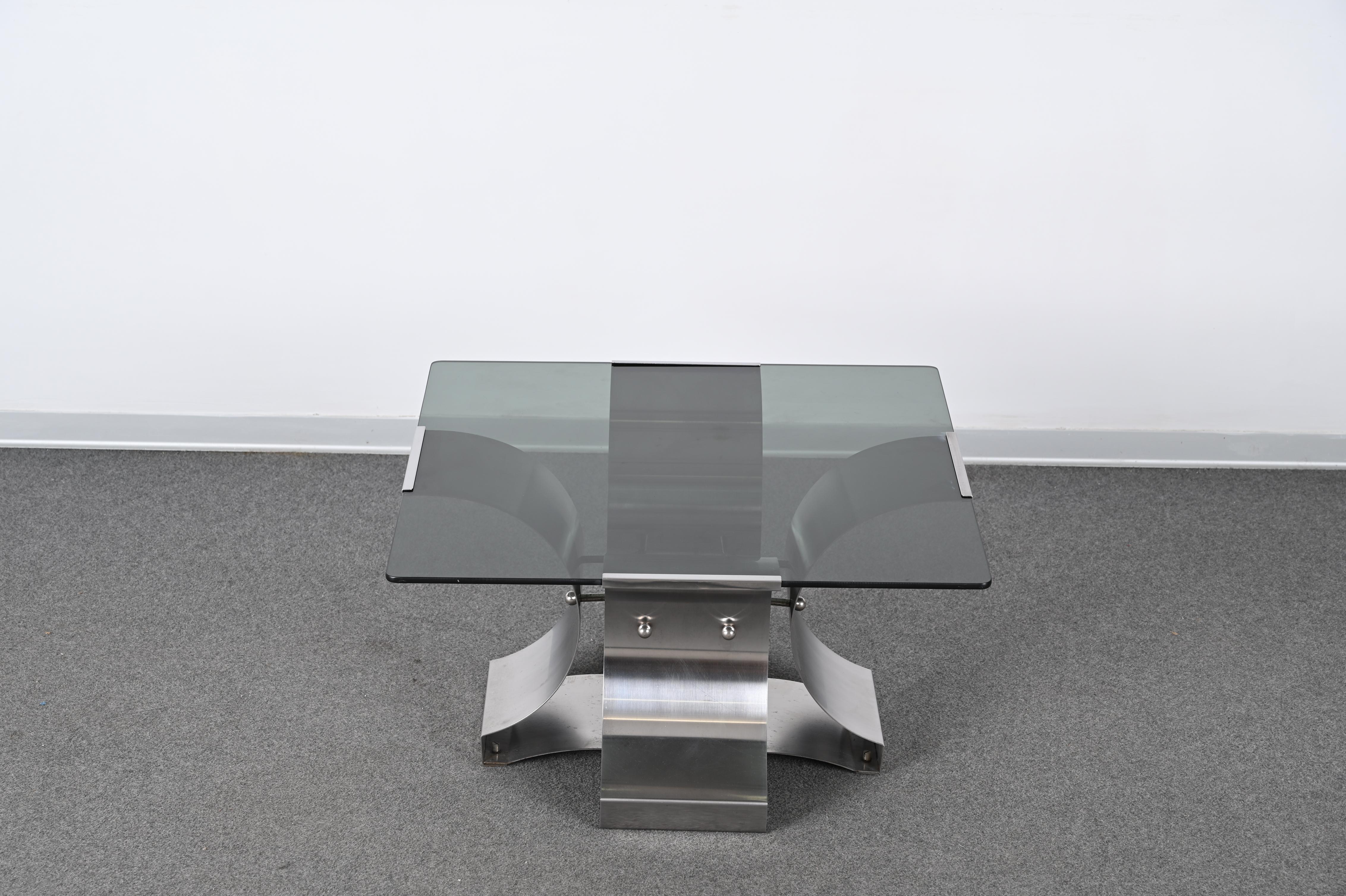 Francois Monnet Smoked Glass and Steel Squared French Coffee Table, 1970s For Sale 11