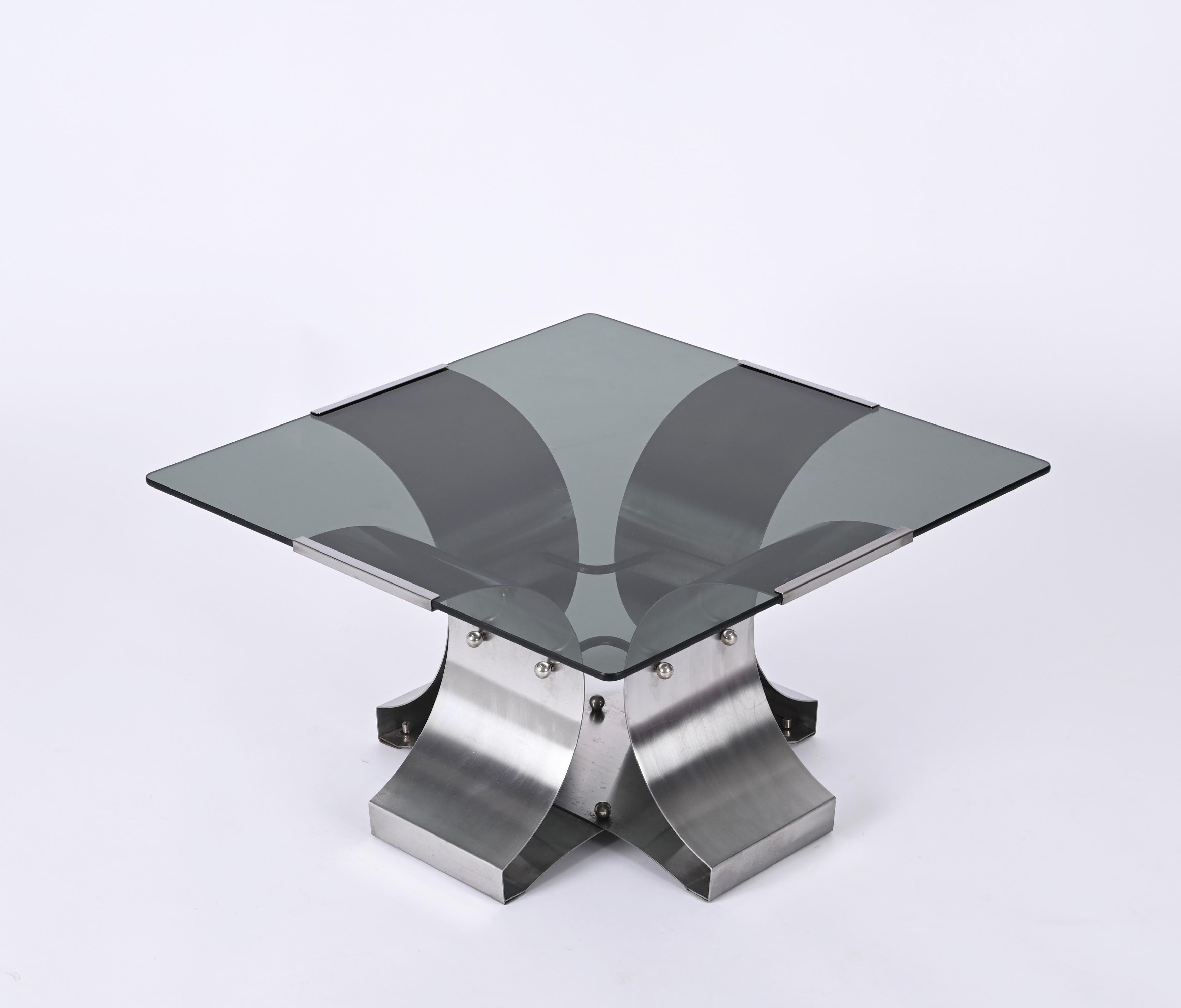 Mid-Century Modern Francois Monnet Smoked Glass and Steel Squared French Coffee Table, 1970s For Sale