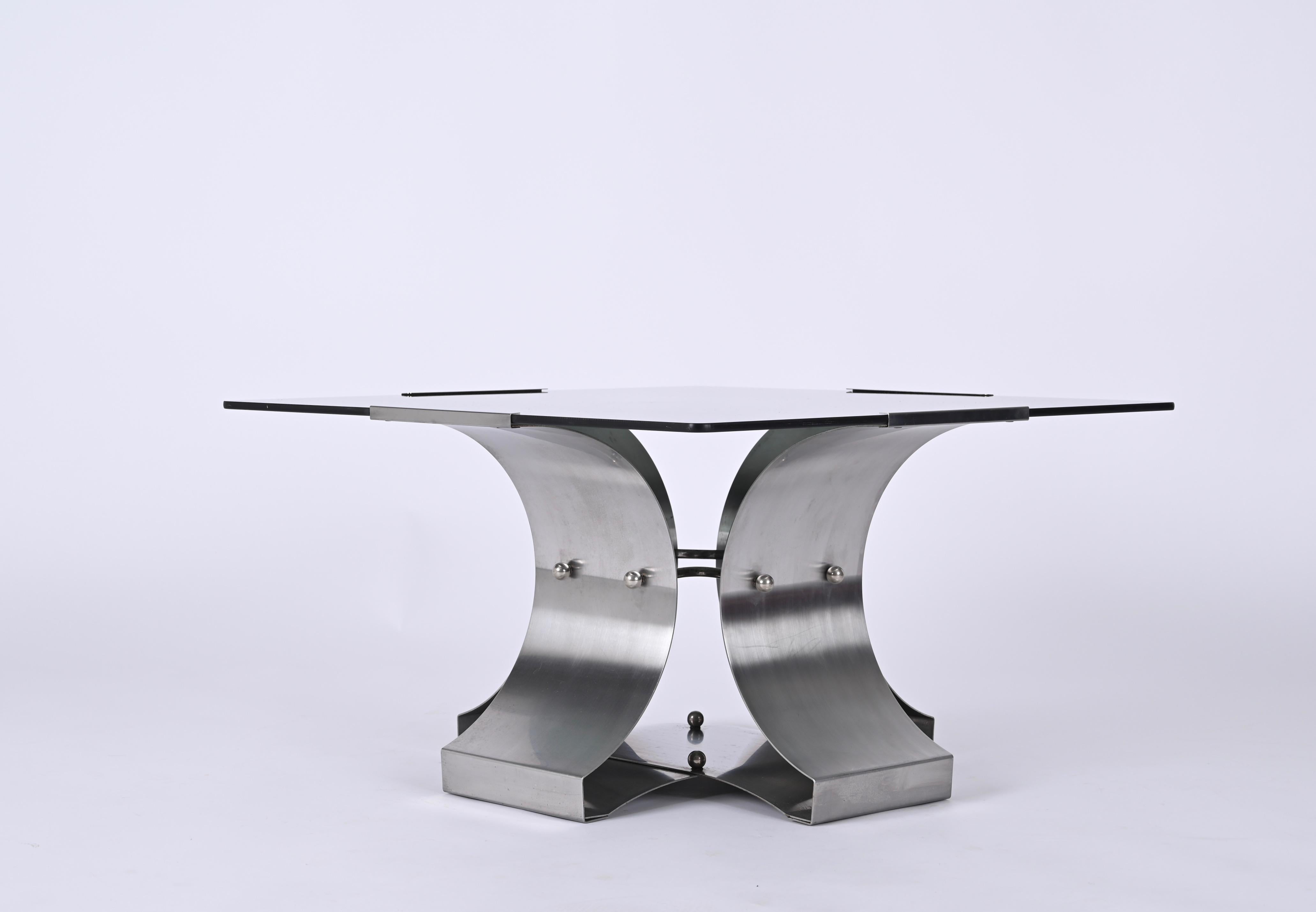 Brushed Francois Monnet Smoked Glass and Steel Squared French Coffee Table, 1970s For Sale