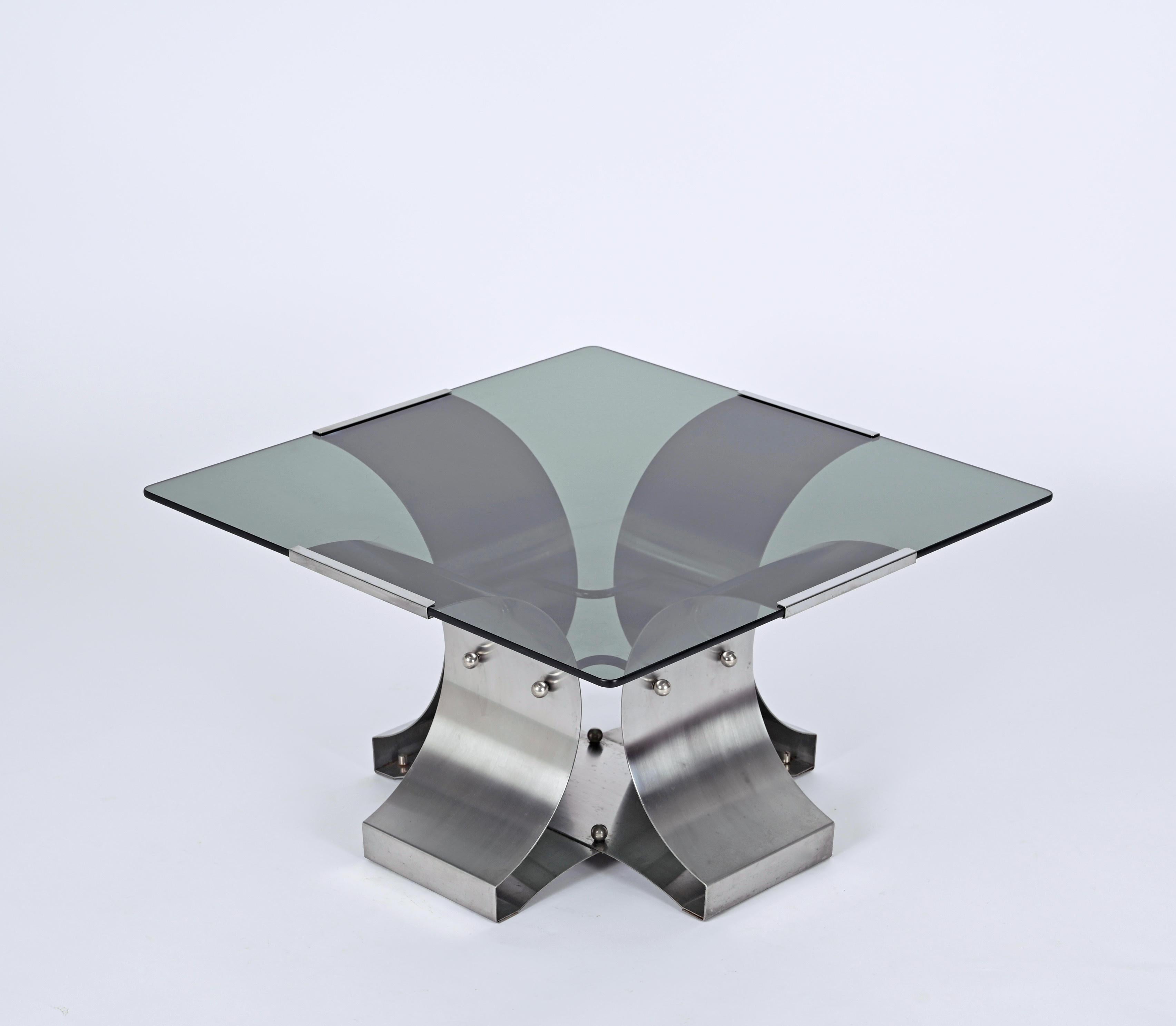 Francois Monnet Smoked Glass and Steel Squared French Coffee Table, 1970s In Good Condition For Sale In Roma, IT