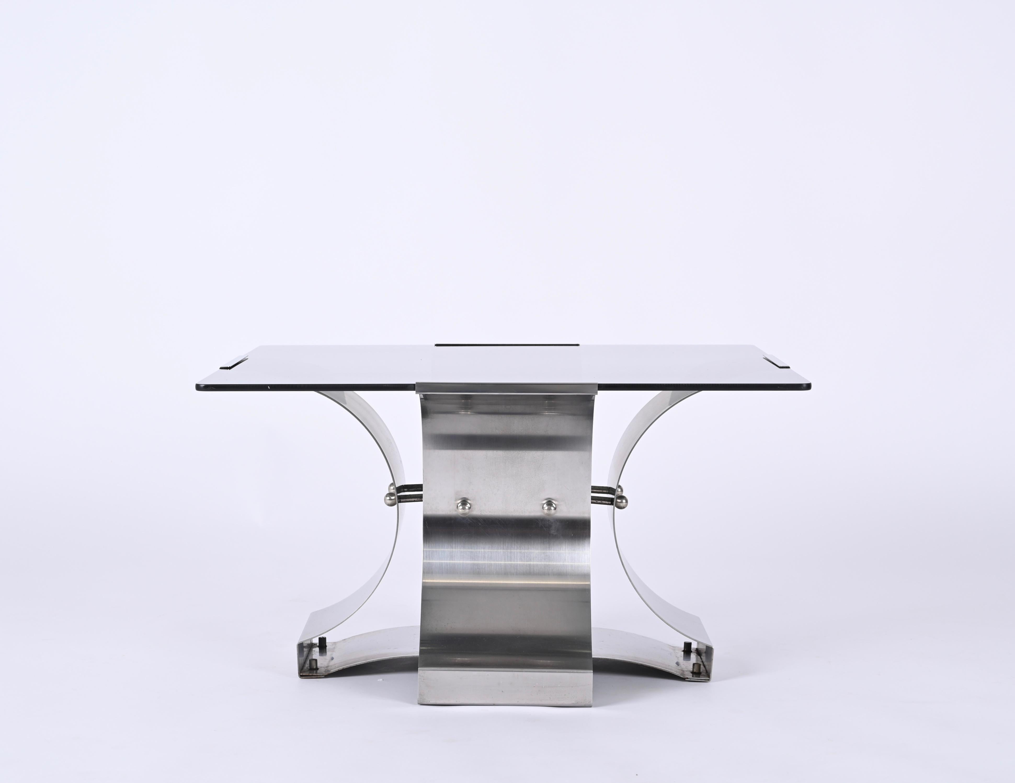 20th Century Francois Monnet Smoked Glass and Steel Squared French Coffee Table, 1970s For Sale