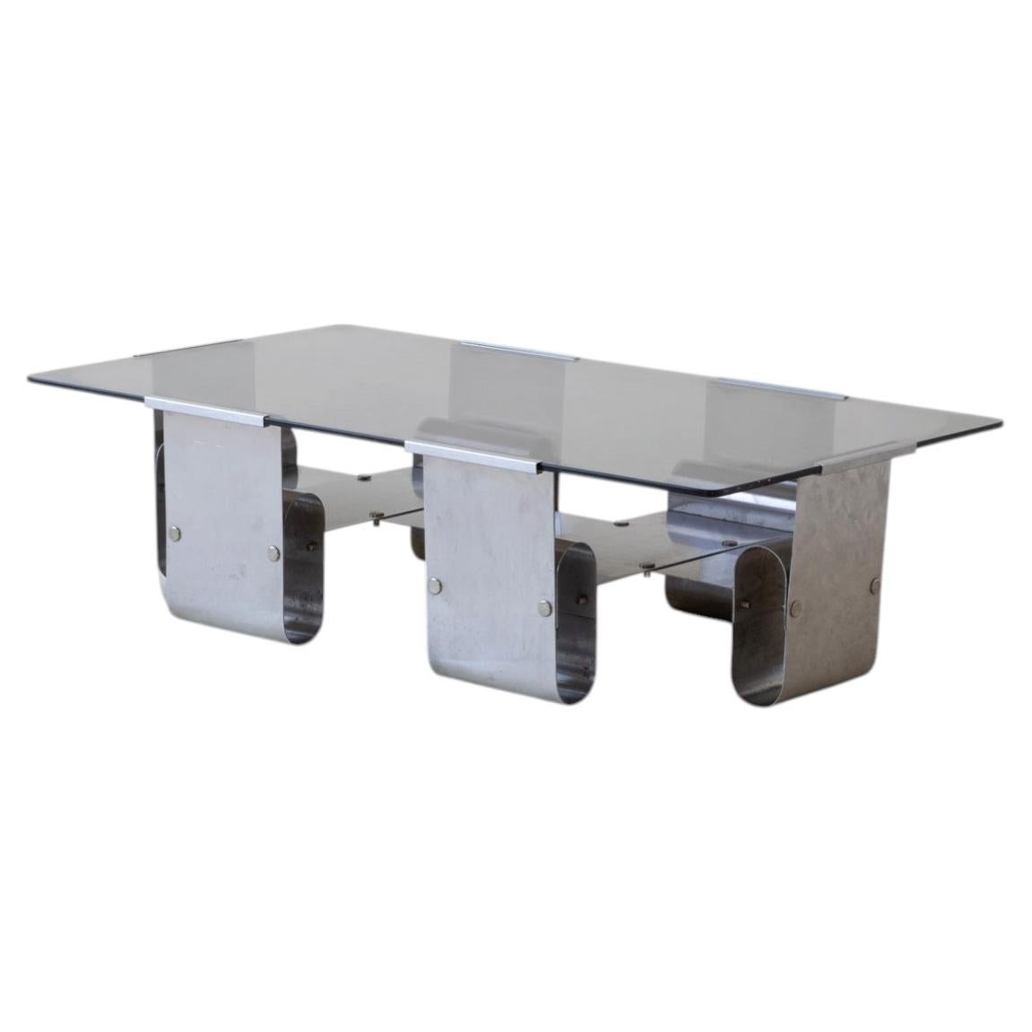Mesa de centro de acero y cristal de François Monnet, Francia, alrededor de los años 70