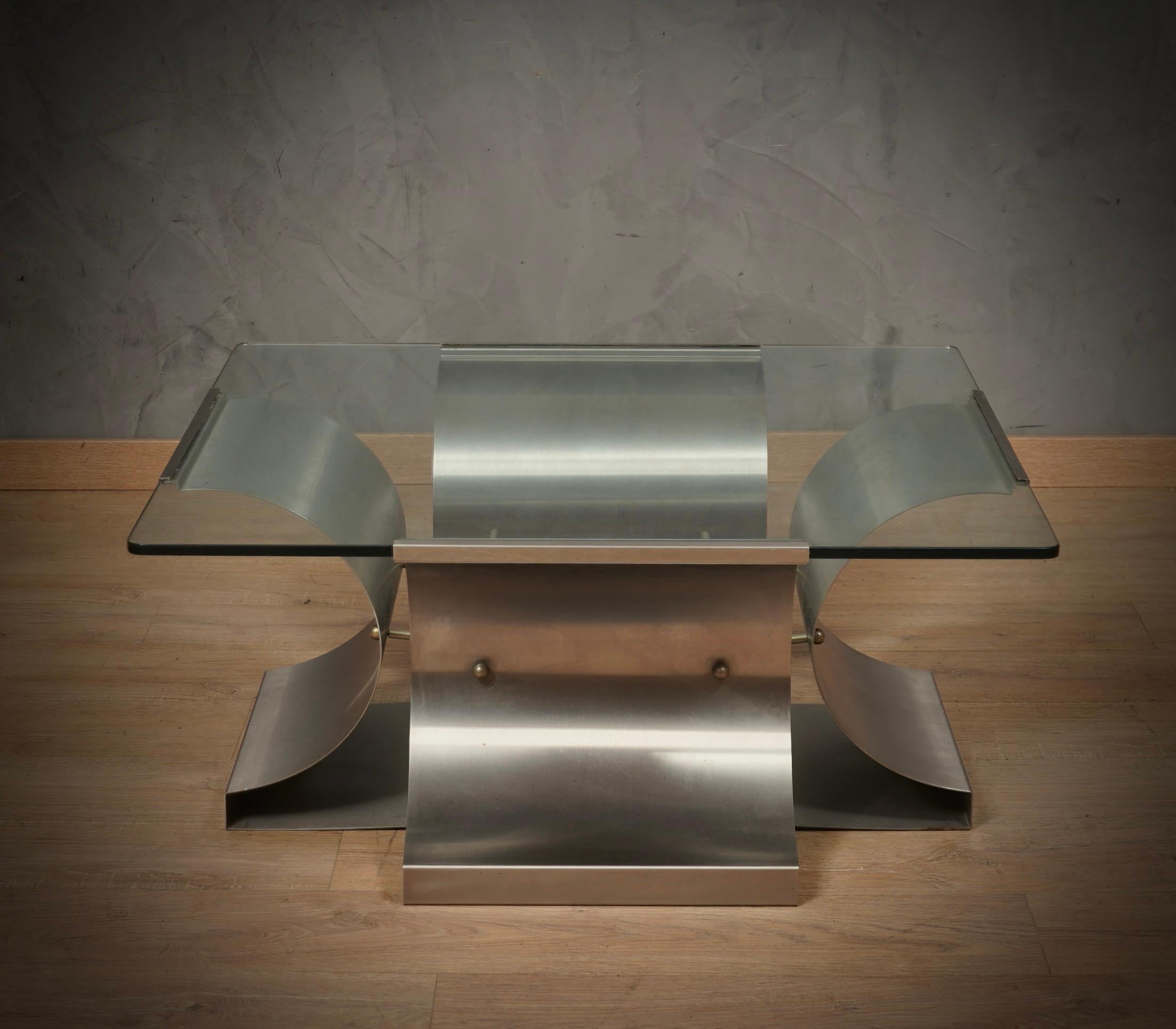 Fin du 20e siècle Table de canapé du milieu du siècle dernier Francois Monnet en acier et verre, 1970 en vente
