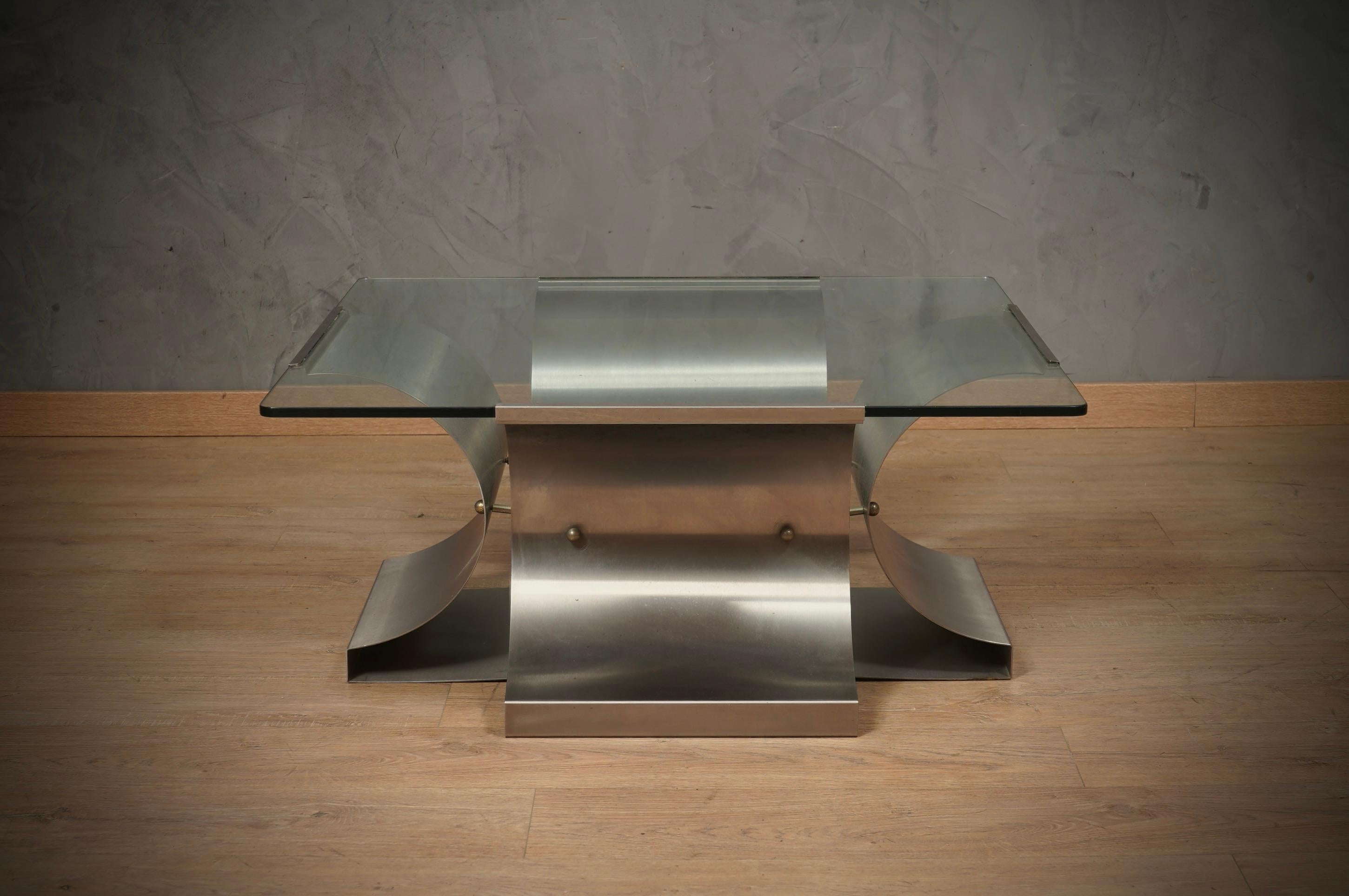 Table de canapé du milieu du siècle dernier Francois Monnet en acier et verre, 1970 en vente 2