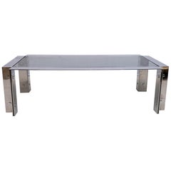 Vintage François Monnet Style MidCentury French Steel and Smoked Glass Coffee Table, 70s