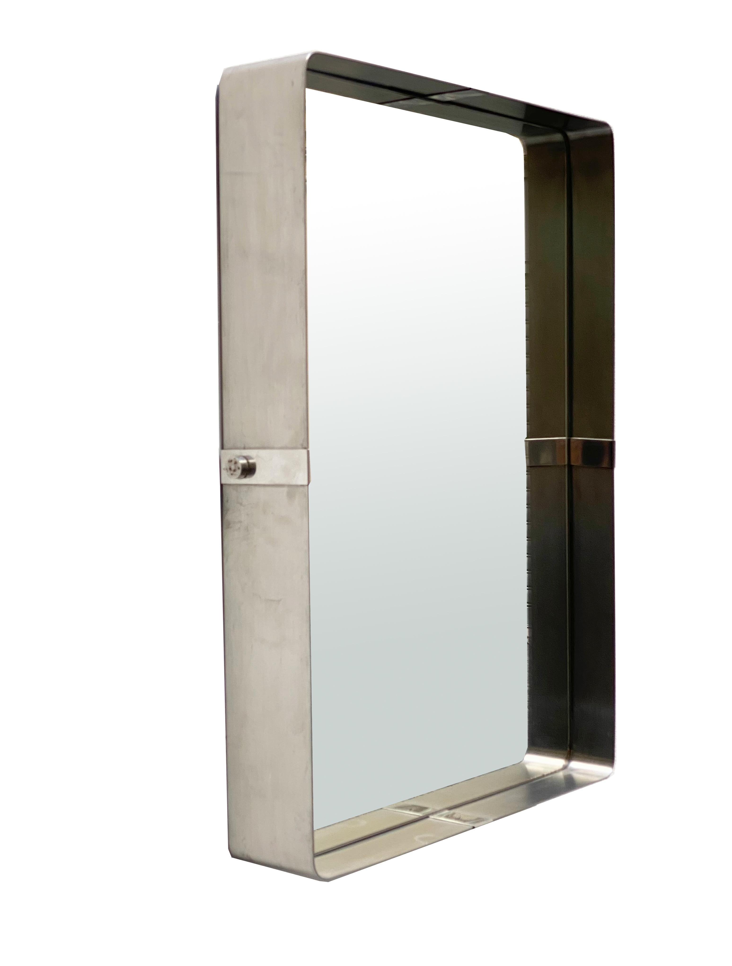 Mid-Century Modern Francois Monnet Style Rectangular Brushed Stainless Wall Mirror, 1970s