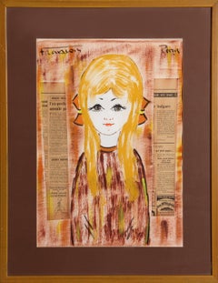 Blonde Girl with Orange Bows, Signed Acrylic with Collage by Francois Paris
