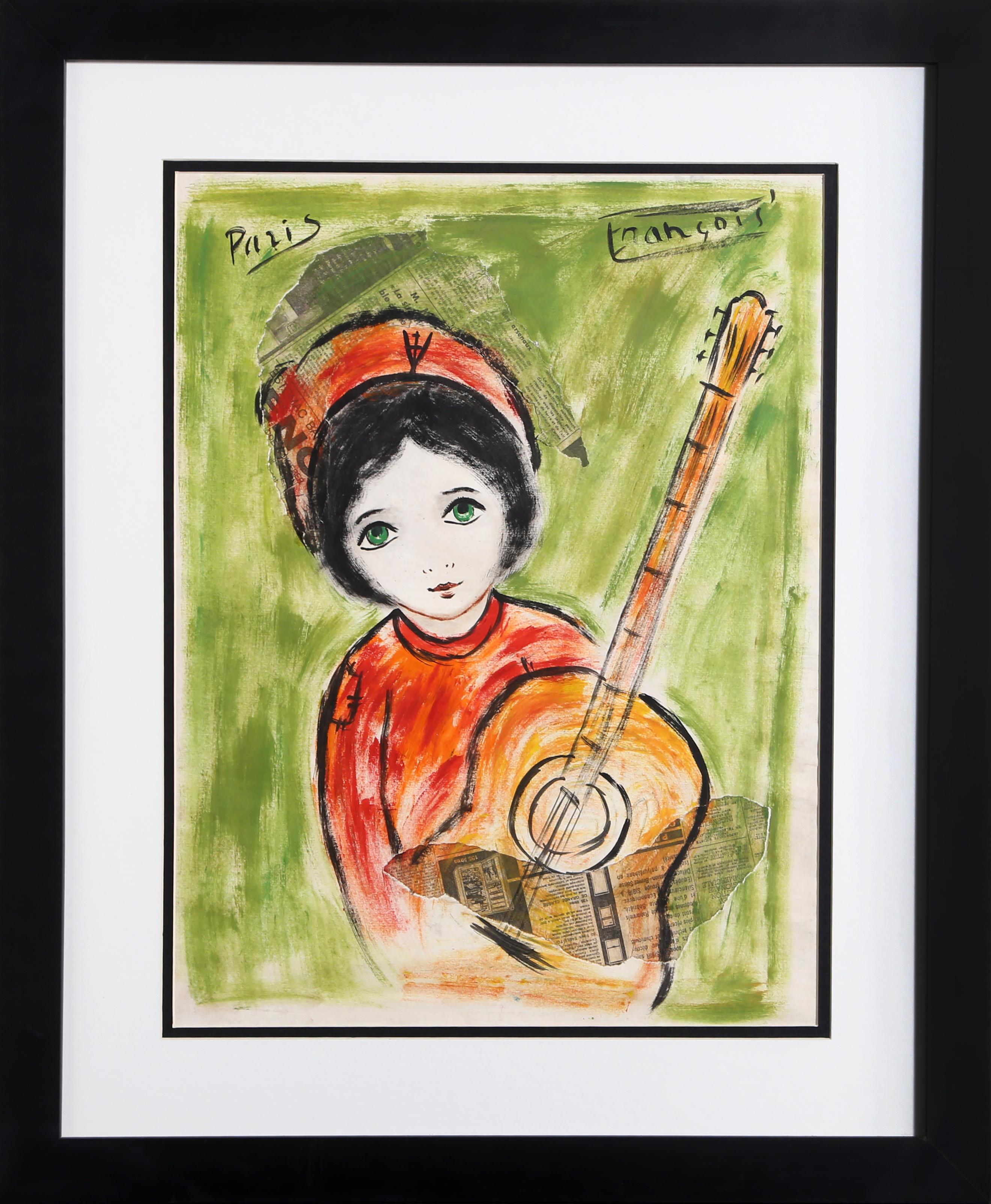 Child with Guitar by Francois Paris
Date: circa 1970
Gouache and Collage Painting on paper, signed u.r.
Image Size: 21 x 16 inches
Size: 23 in. x 17.5 in. (58.42 cm x 44.45 cm)
Frame Size: 29.5 x 24.5 inches