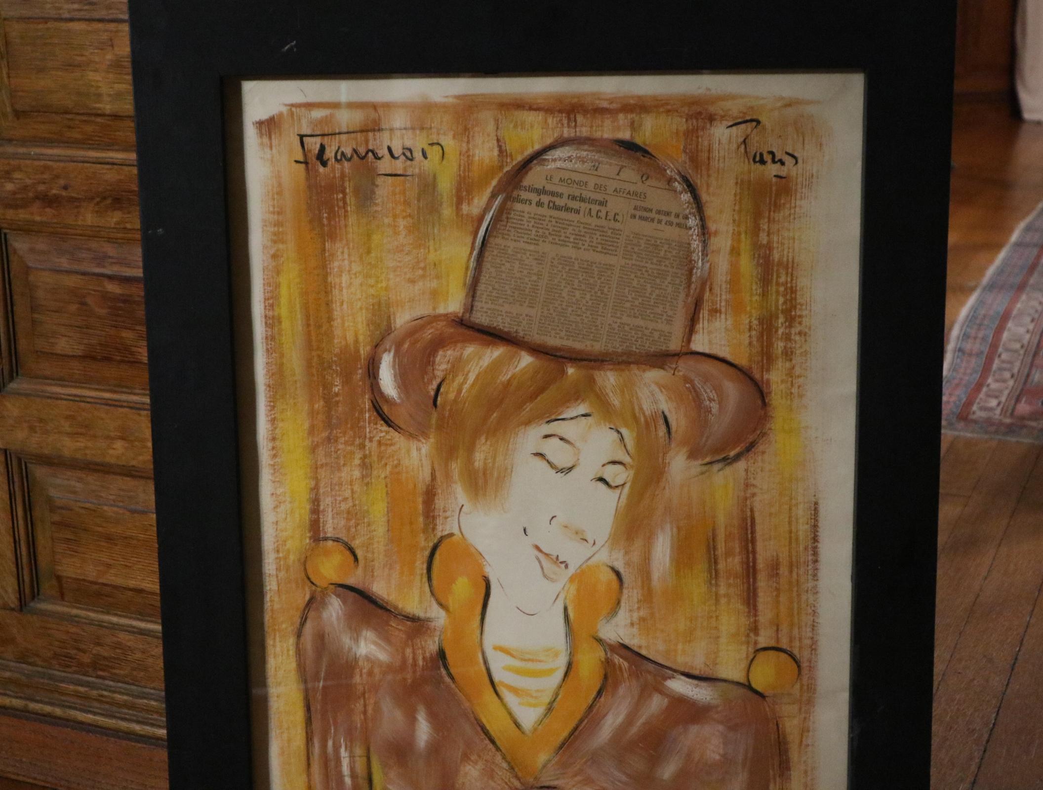 Beautiful mixed-media painting signed Francois Paris. In good condition, framed and ready to hang. warm autumnal colors they picked a French woman with hat and closed eyes. 

Measures: 22.5” wide
28.5” tall
1” deep.