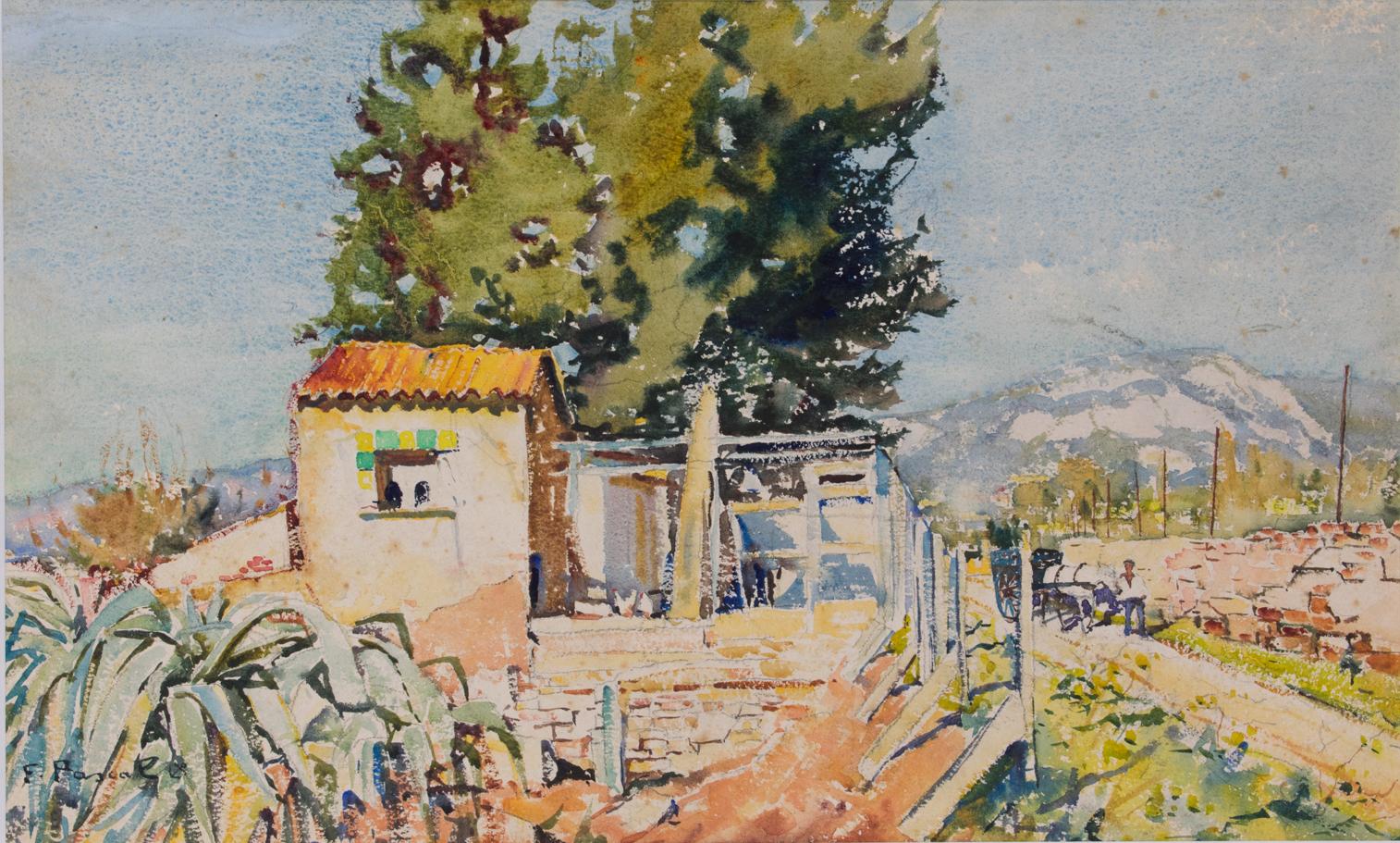 Landschaft in der Provence Aquarellgemälde von Francois Pascal, um 1940 im Angebot 5