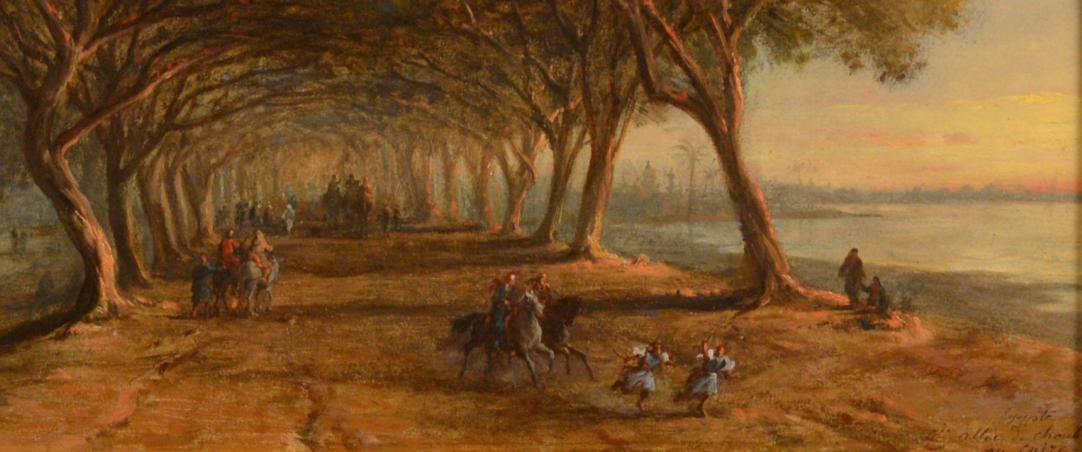 François Pierre Barry 
(1813-1905) Francese

Grande Allee de Choubra au Caire, Egitto

Olio su tela: 9 x 14 ¾ in. cornice: 14 x 20 pollici. Firmato e iscritto. Circa 1860.
	
Nacque a Marsiglia nel 1813 e studiò pittura alla Scuola d'Arte di