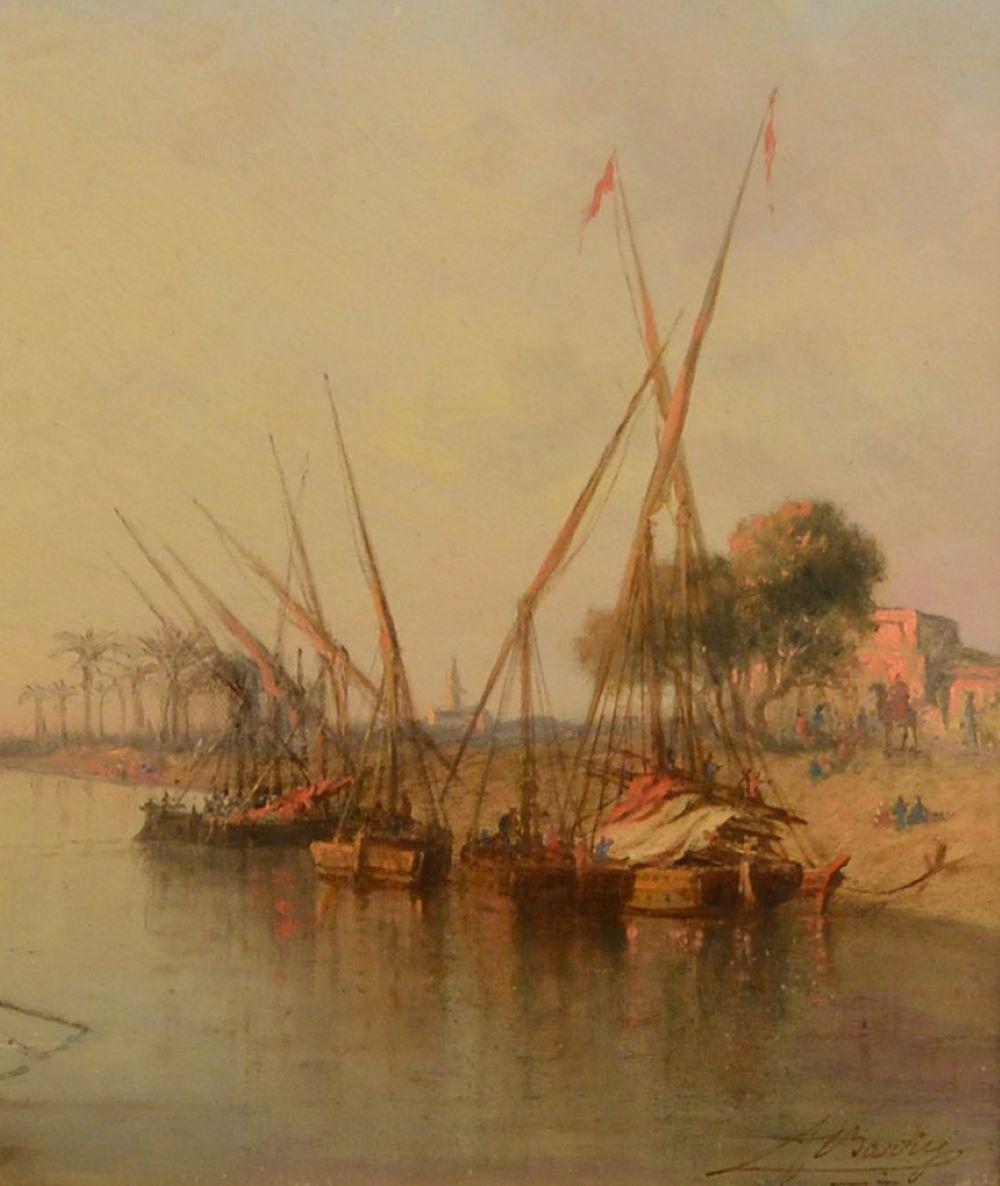 'Vue prise du Pont de Zagazig a Damiette' , Nile Delta , Egypt - Brown Landscape Painting by François Pierre Barry 