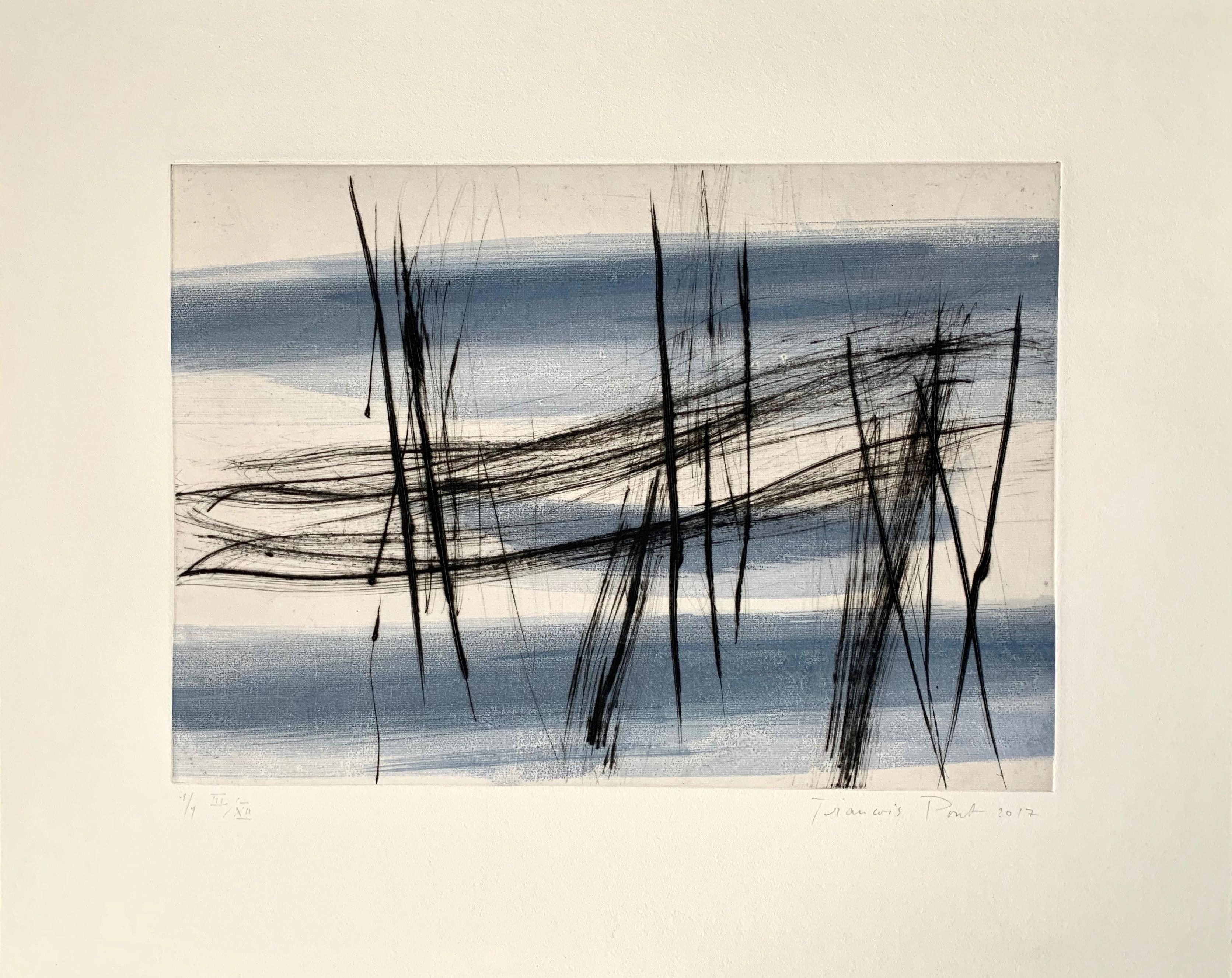 Traversée II, 2015-2017, Dry-point on unique hand-painted chine collé, Limited Edition number 3 of 12, 11 2/5 × 16 1/10 in, 29 × 41 cm by François Pont

Using black ink, anthracite charcoals and thin washes of fresh, dancing colour, François Pont’s