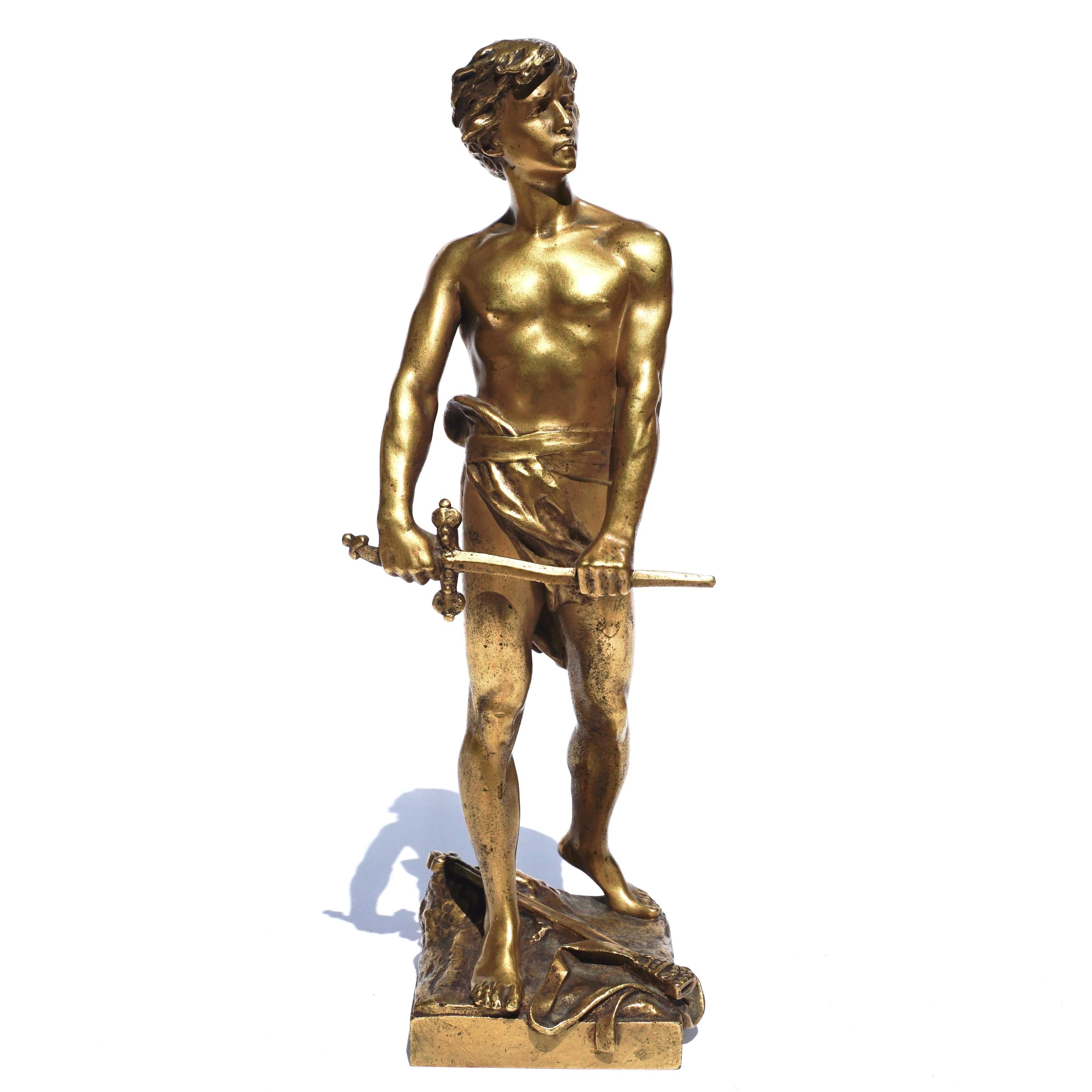 A fine antique bronze by prominent art nouveau era sculptor Francois-Raoul Larche. (French, 1860-1912). The subject is a male at twenty years old holding a sword, and is titled “Vingt Ans”. His expression is determined and his form is fit from