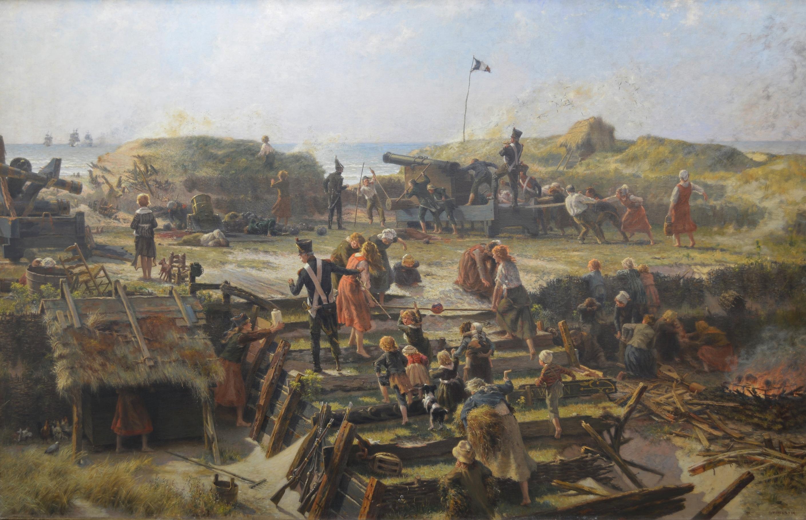 „Batterie de Cote Engagee“ – Eine Marineschlacht mit Admiral Nelson. Öl auf Leinwand – Painting von Francois Tattegrain