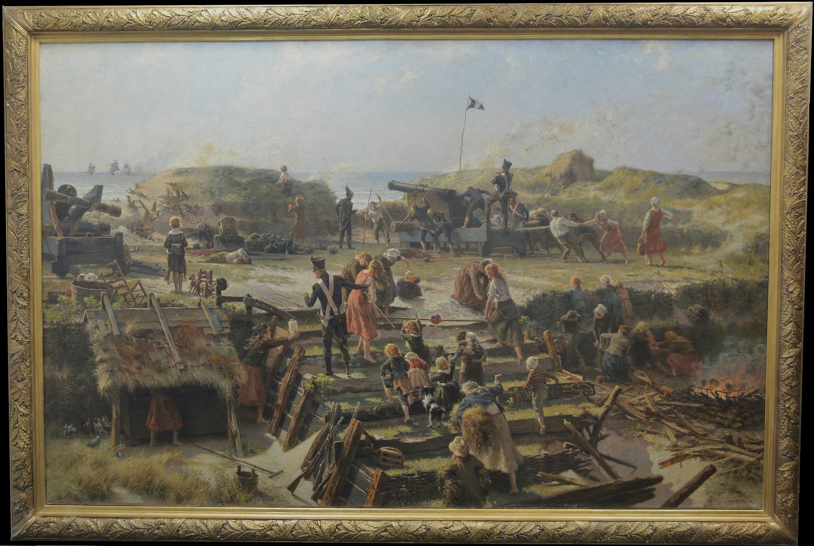 Francois Tattegrain Landscape Painting – „Batterie de Cote Engagee“ – Eine Marineschlacht mit Admiral Nelson. Öl auf Leinwand