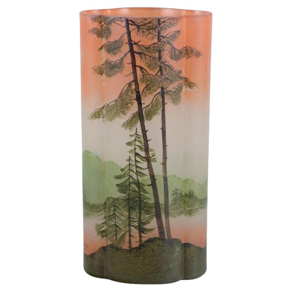François-Théodore Legras. Art Nouveau vase in art glass. Forest and lake motif