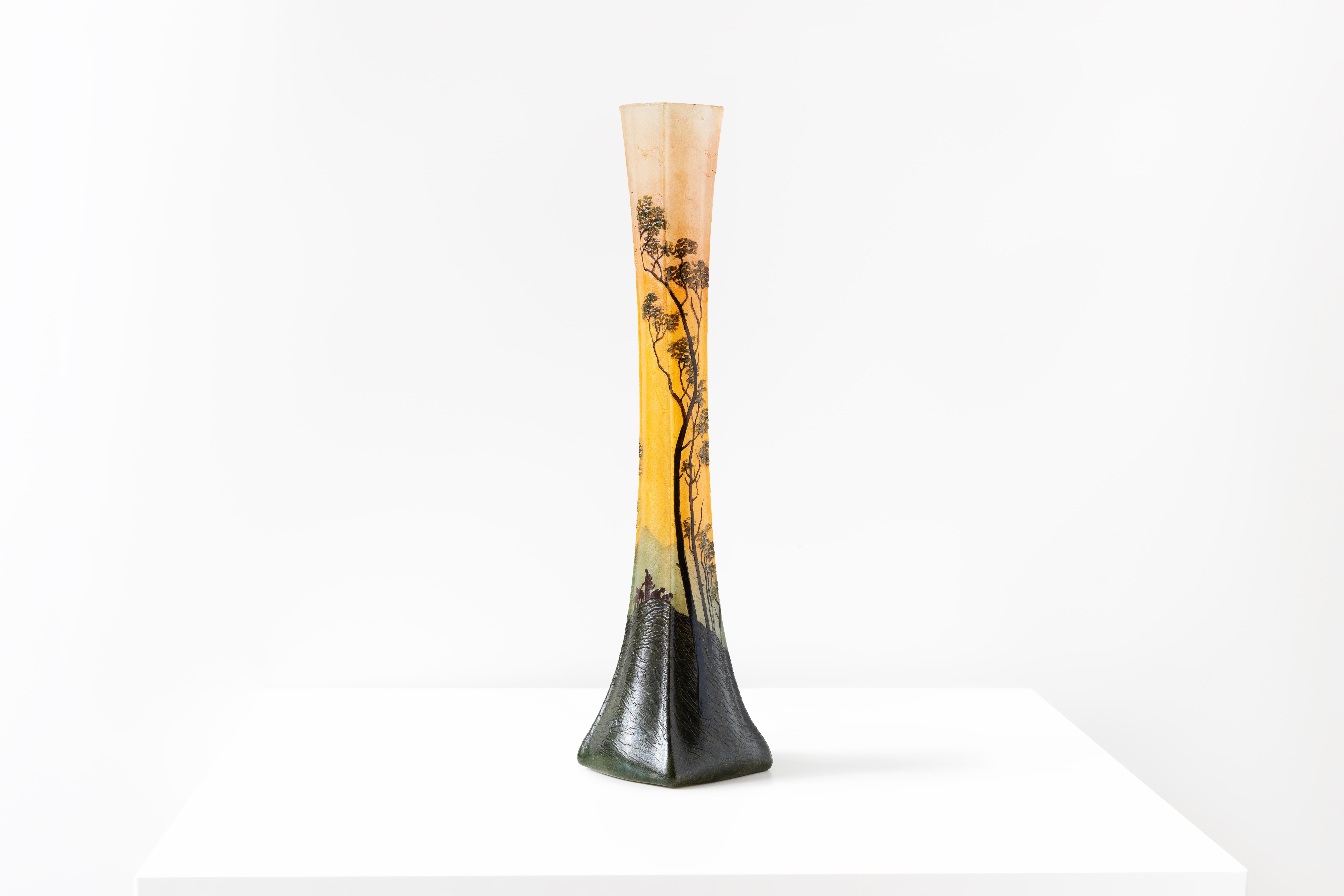 Français François-Théodore Legras, Vase vintage en verre Soliflores orange et vert, français en vente