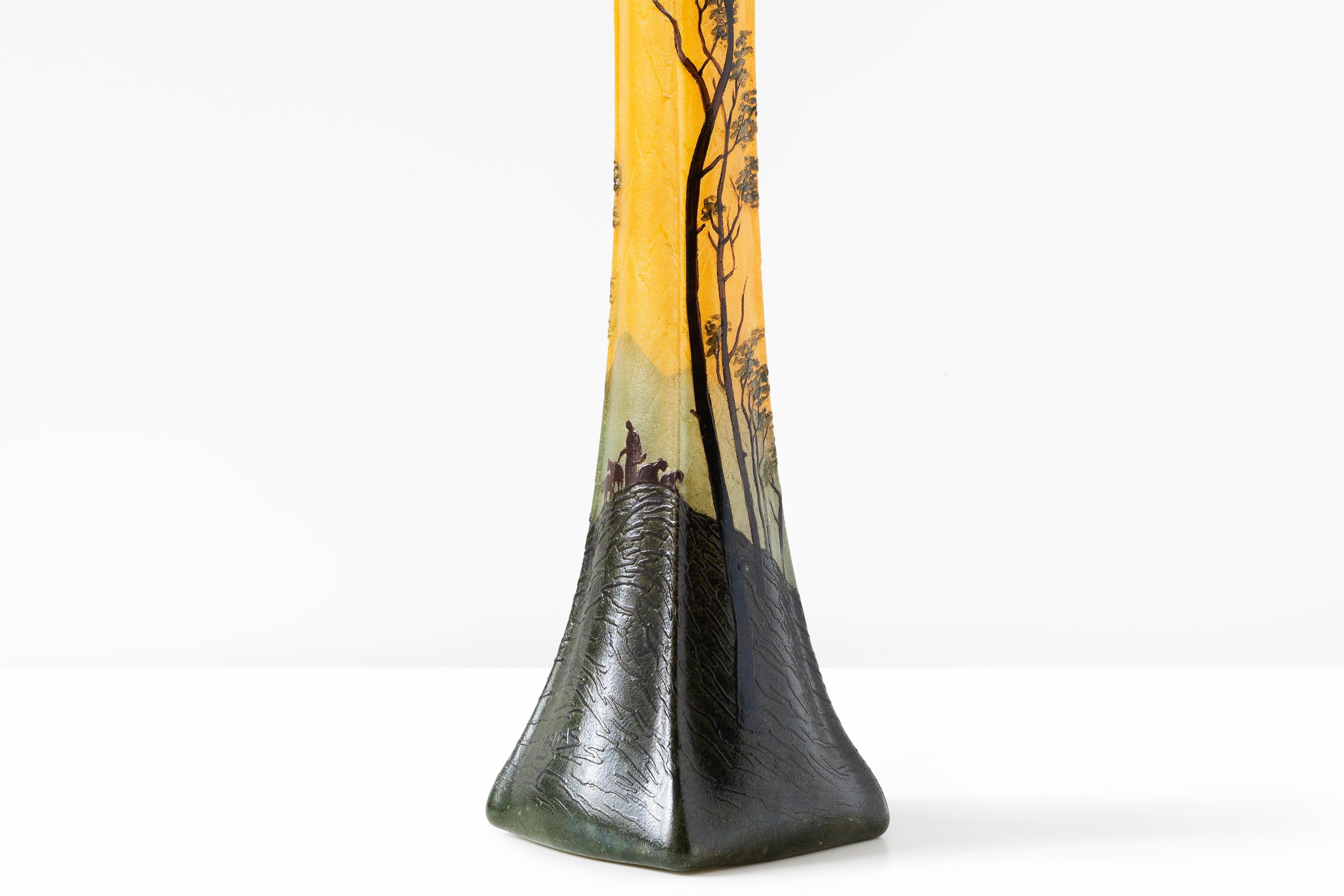 Buriné François-Théodore Legras, Vase vintage en verre Soliflores orange et vert, français en vente