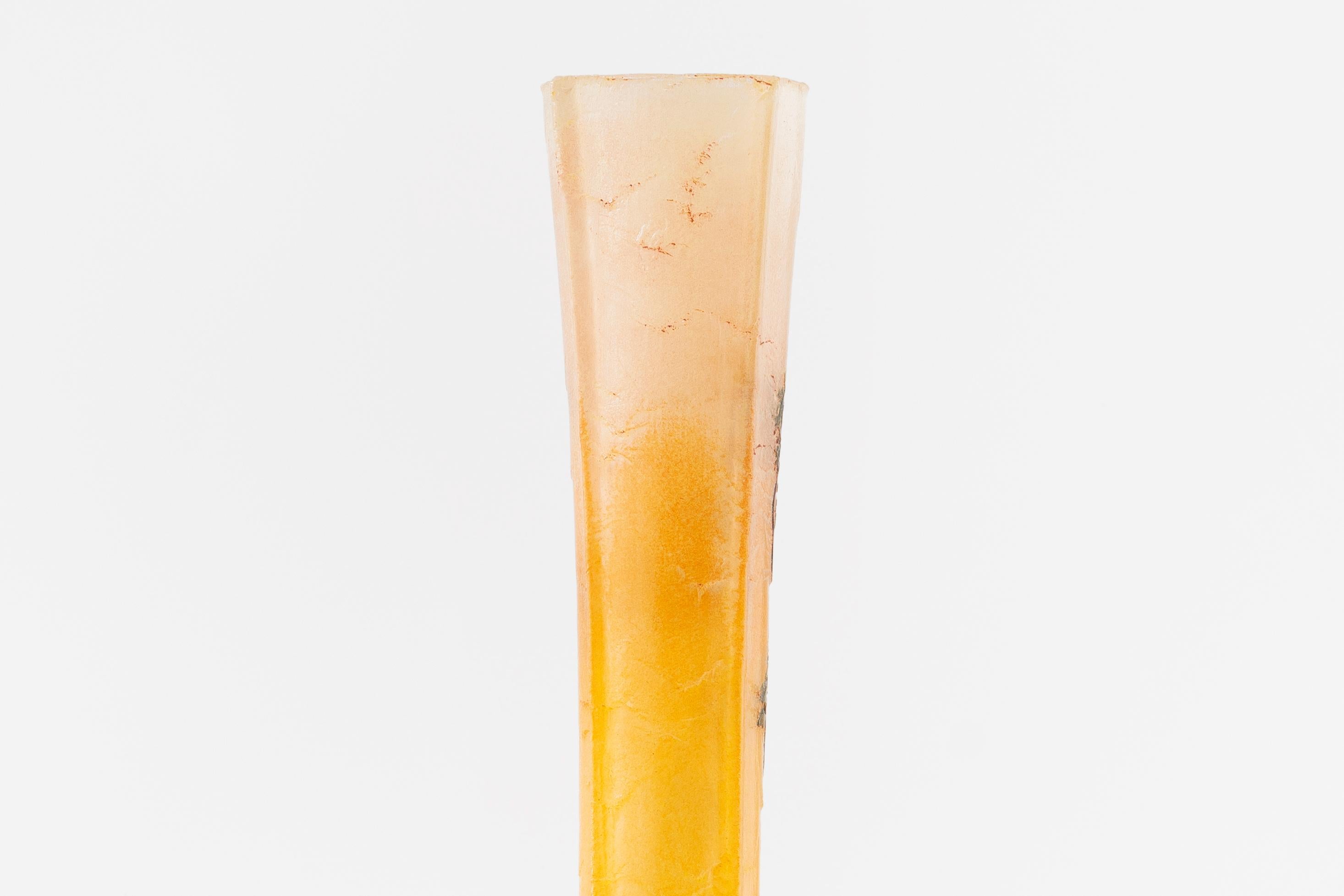 Émail François-Théodore Legras, Vase vintage en verre Soliflores orange et vert, français en vente