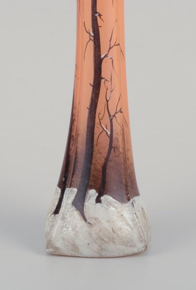 François-Théodore Legras (1839-1916). 
Tall Art Nouveau vase in frosted art glass.
Winter forest landscape motif.
Ca. 1930.
Signed.
In excellent condition.
Dimensions: H 30.0 cm x D 7.5 cm.