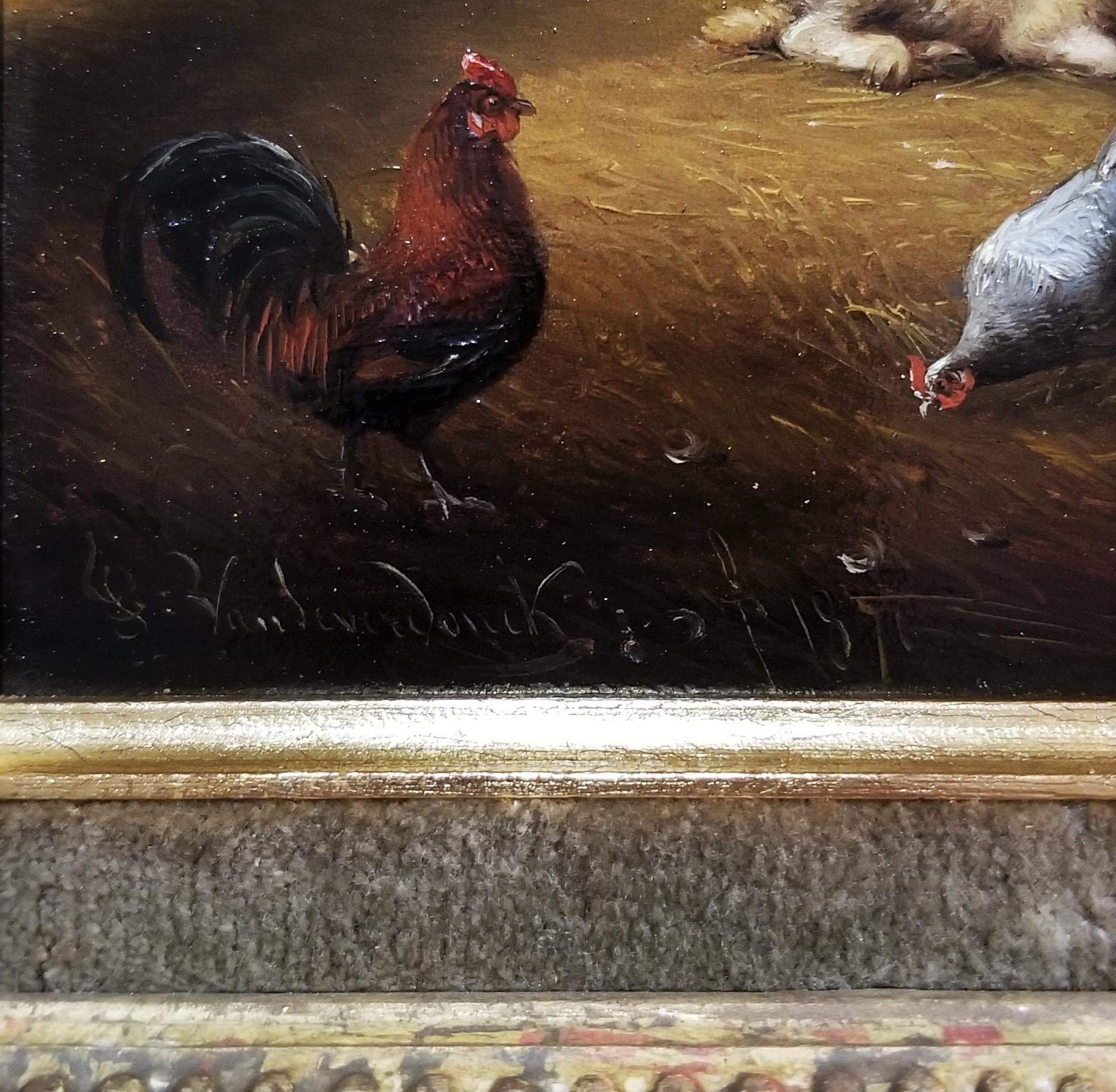 Capra, pecora e gallina nella stalla - Animal Painting Nero di Francois Van Severdonck