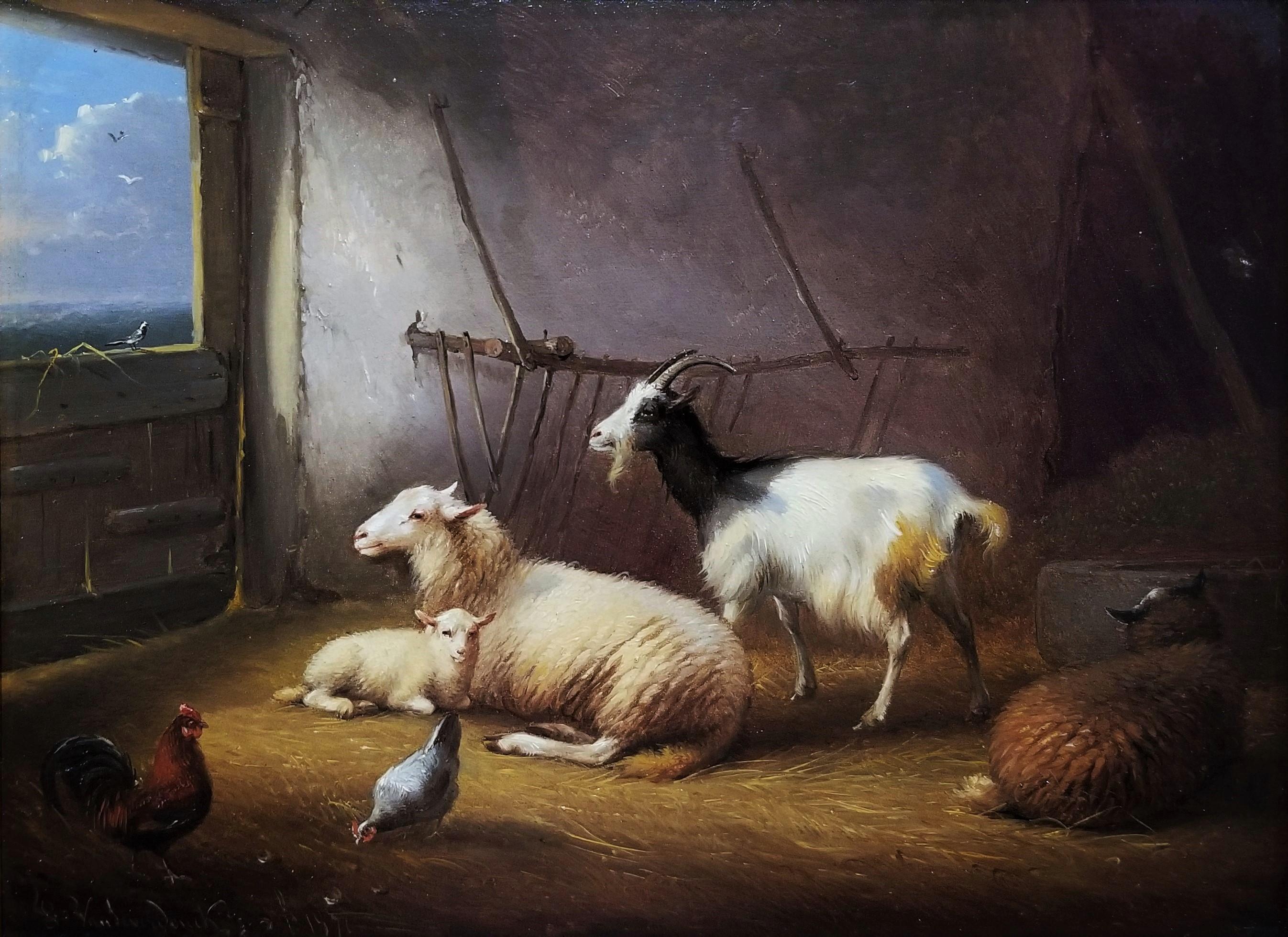 Francois Van Severdonck Animal Painting - Goat, Sheep, and Chickens in the Stable