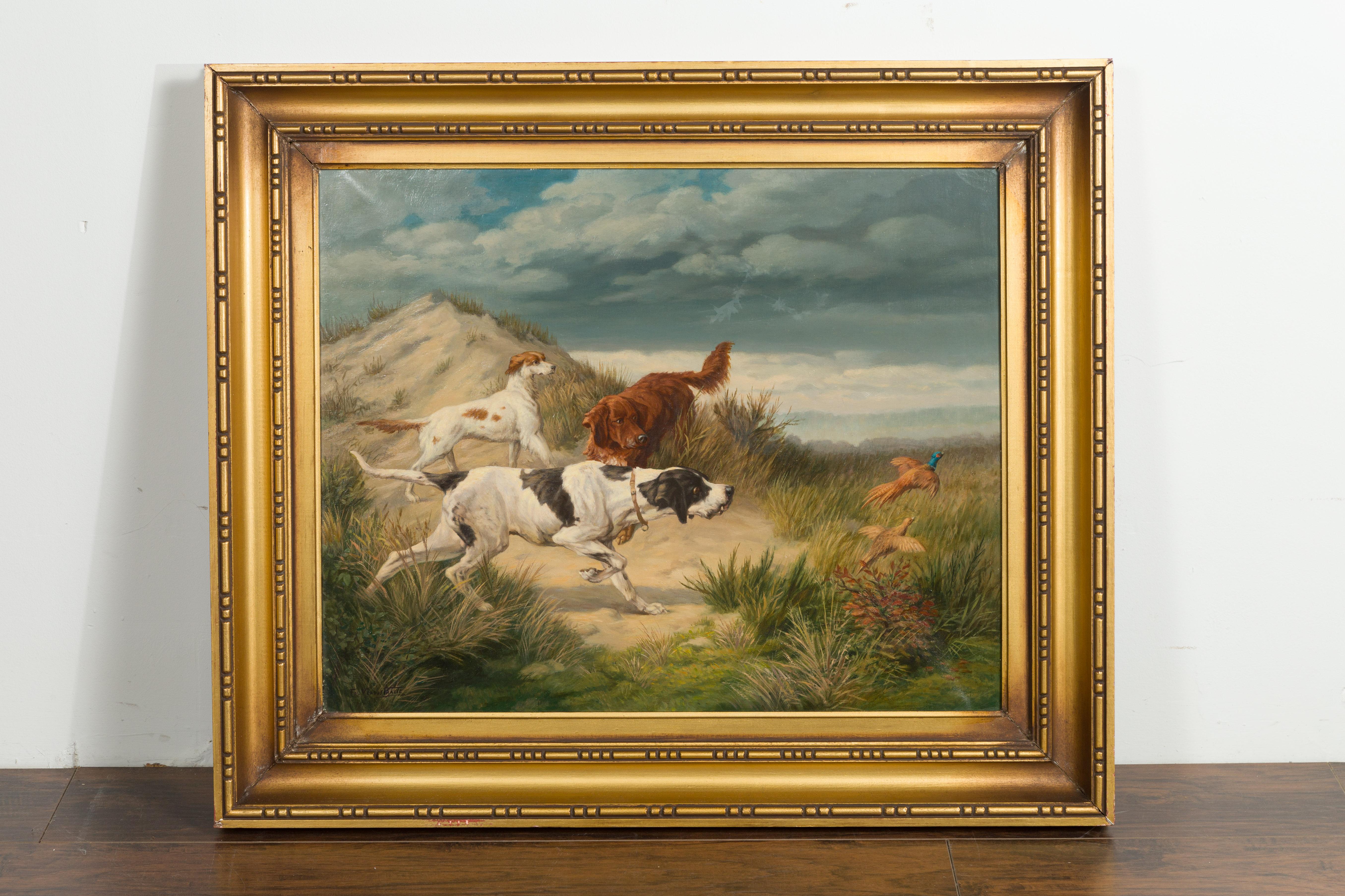 A Belgian oil on canvas dog painting from the late 19th century signed by artist François Veroustraete, titled on the scent in giltwood frame. Created in Belgium during the last quarter of the 19th century, this oil on canvas painting is by the hand