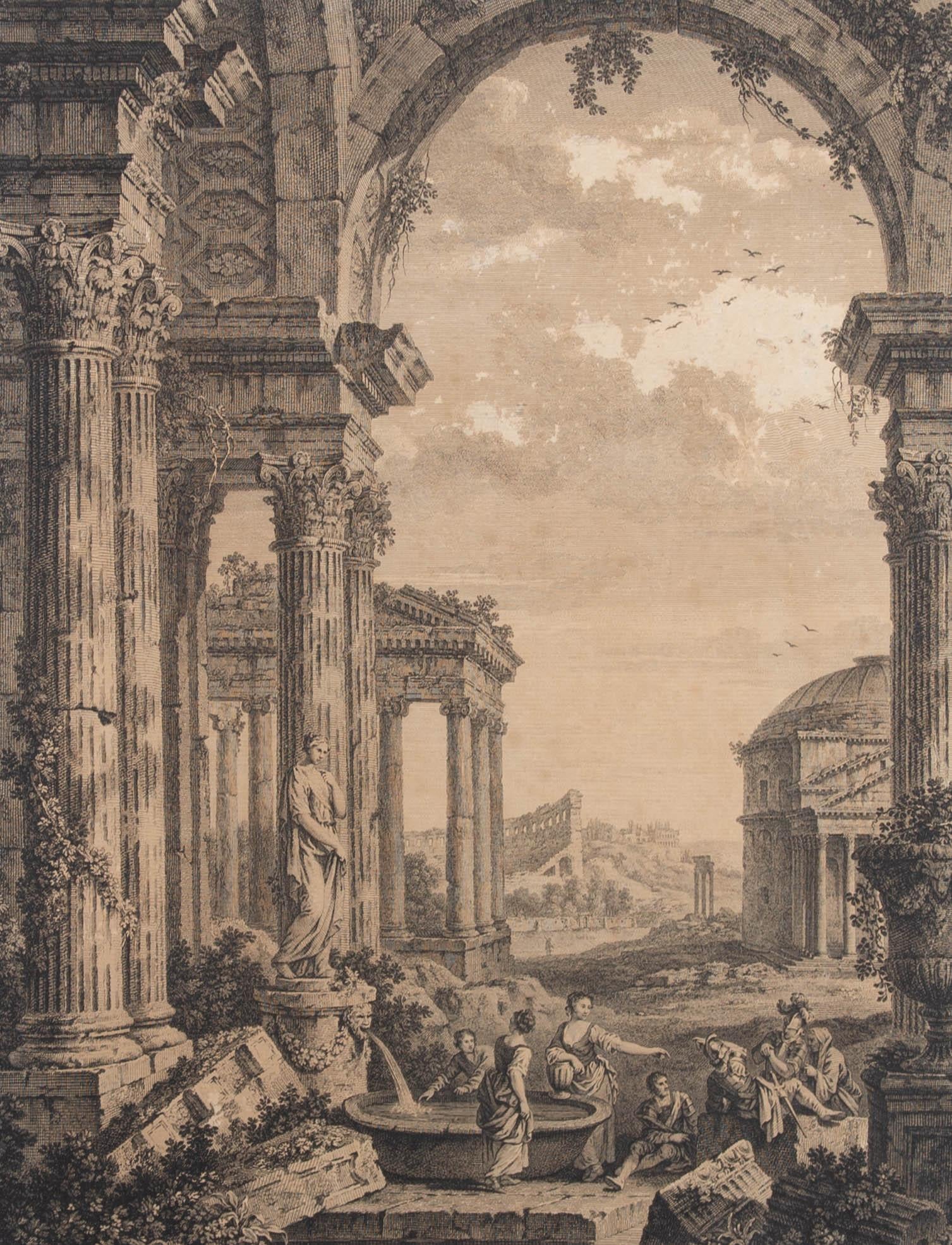 An engraving by Francois Vivares (1709-1780) after a capriccio by Giovanni Paolo Panini (1691-1765) depicting figures at a fountain in a Roman ruin with the Pantheon and Colosseum in the background. First published in 1755. There is an identical