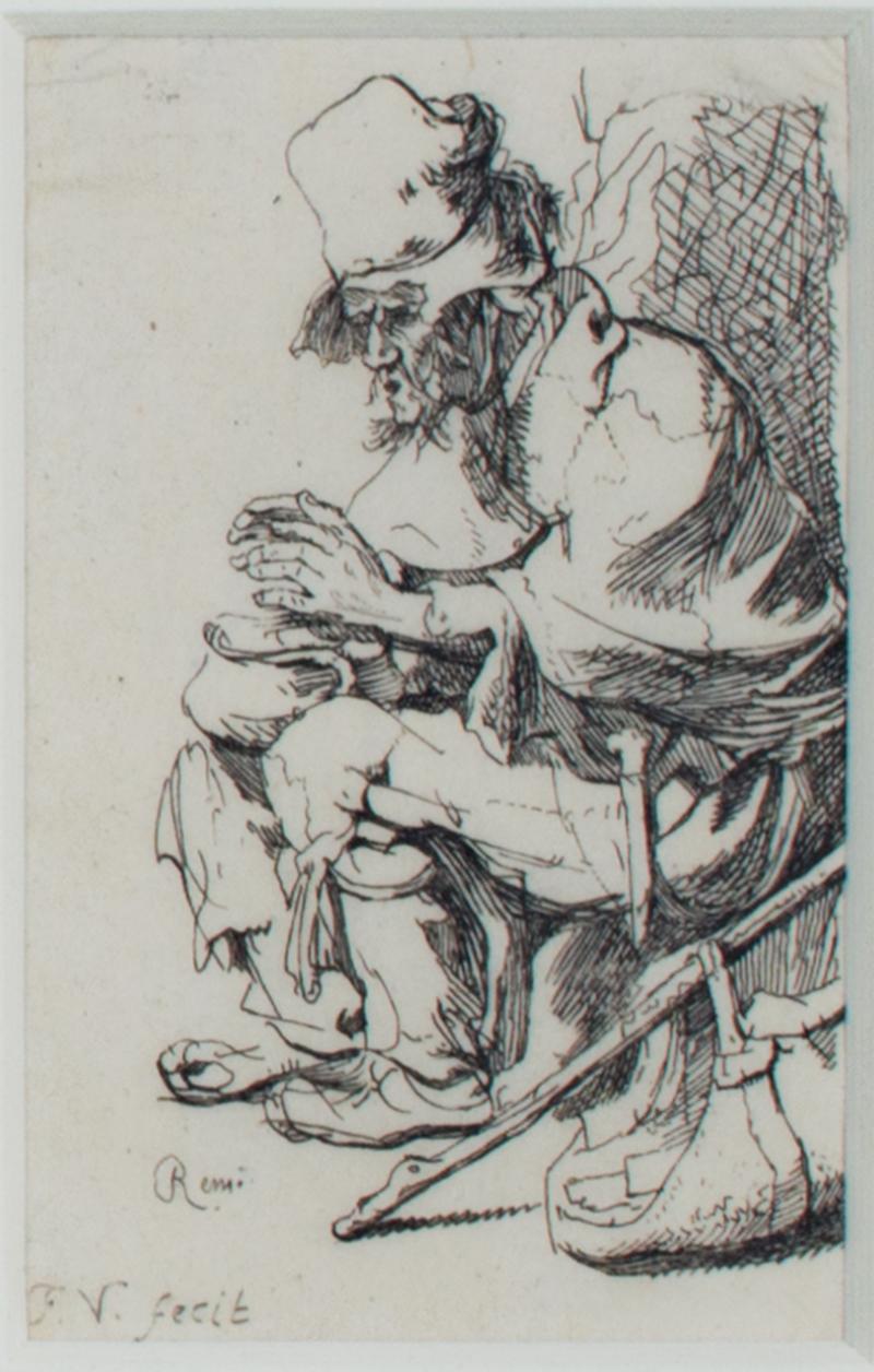 tríptico del siglo xviii grabados figurativos pequeño blanco y negro expresivo - Figurative Print Gris de Francois Vivares