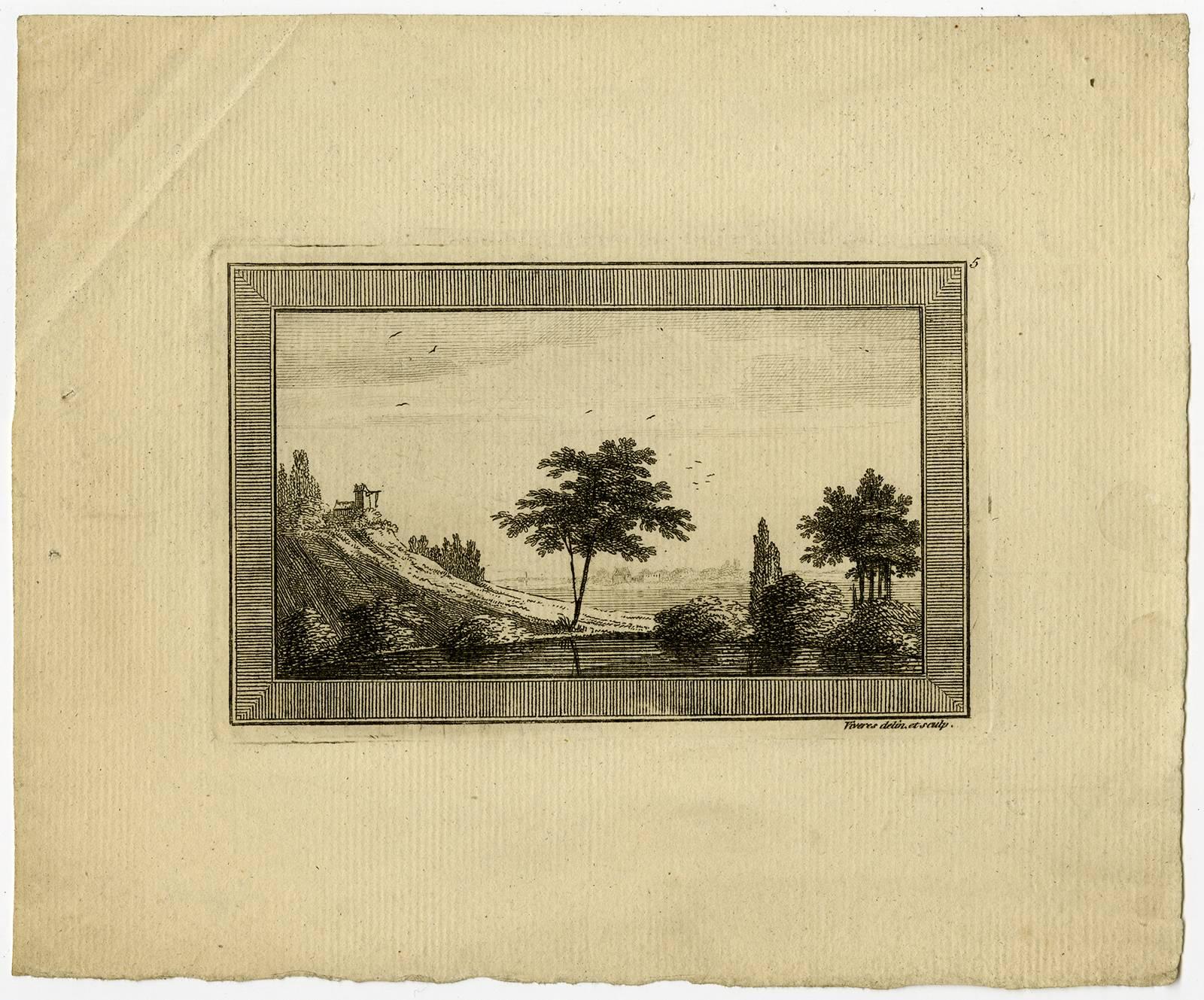 Francois Vivares Landscape Print - Untitled -This print shows shows a river landscape with trees and a lodge [...].