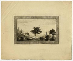 Untitled -This print shows shows a river landscape with trees and a lodge [...].