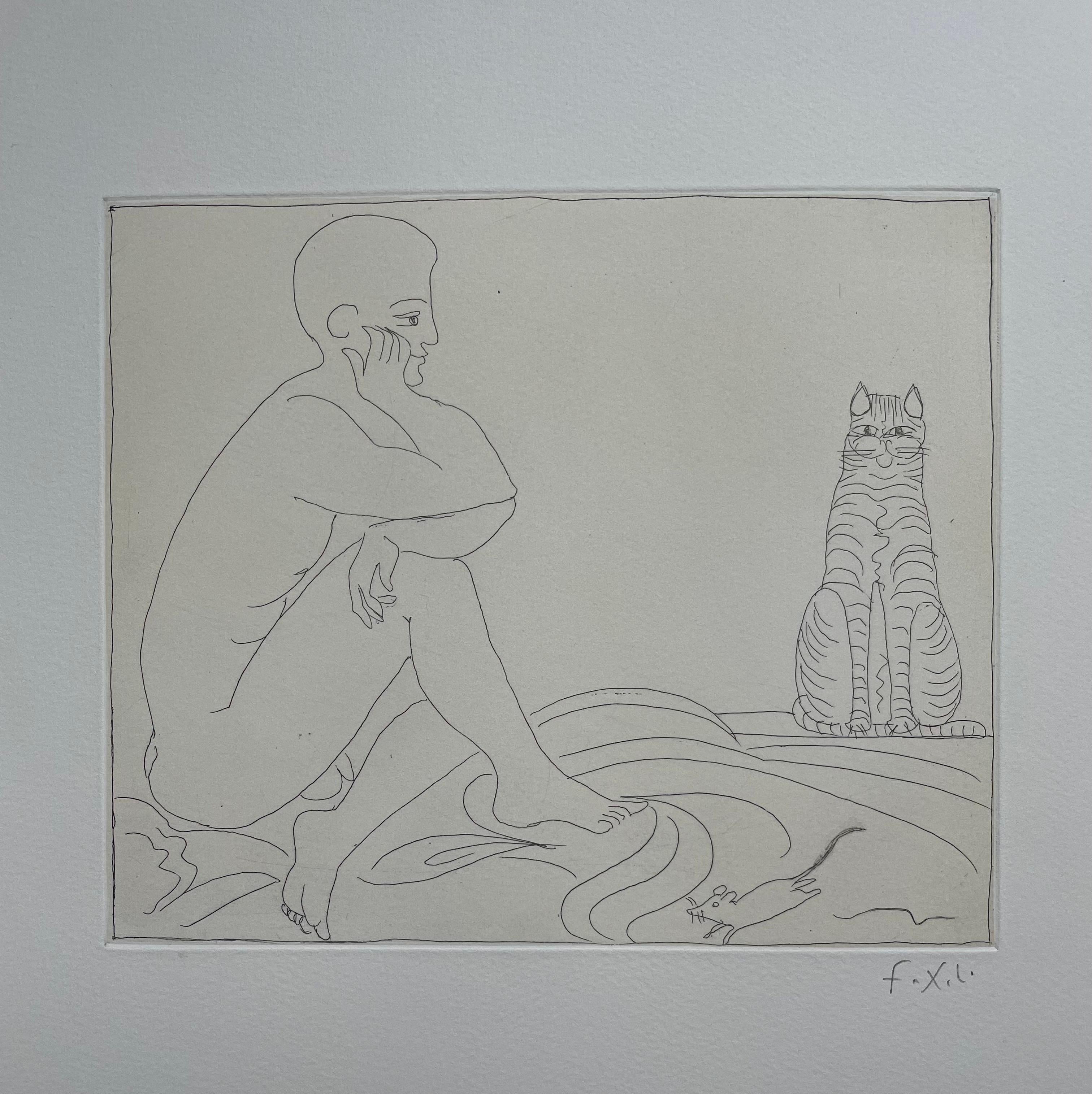 Francois-Xavier Lalanne (1927-2008) Cat, mouse and seated man, 2002
 
This print by François Xavier Lalanne depicts a cat, a mouse and a seated man. The cat is reminiscent of two sculptures of the artist : Chat Polymorphe (1968) and Chat Perché