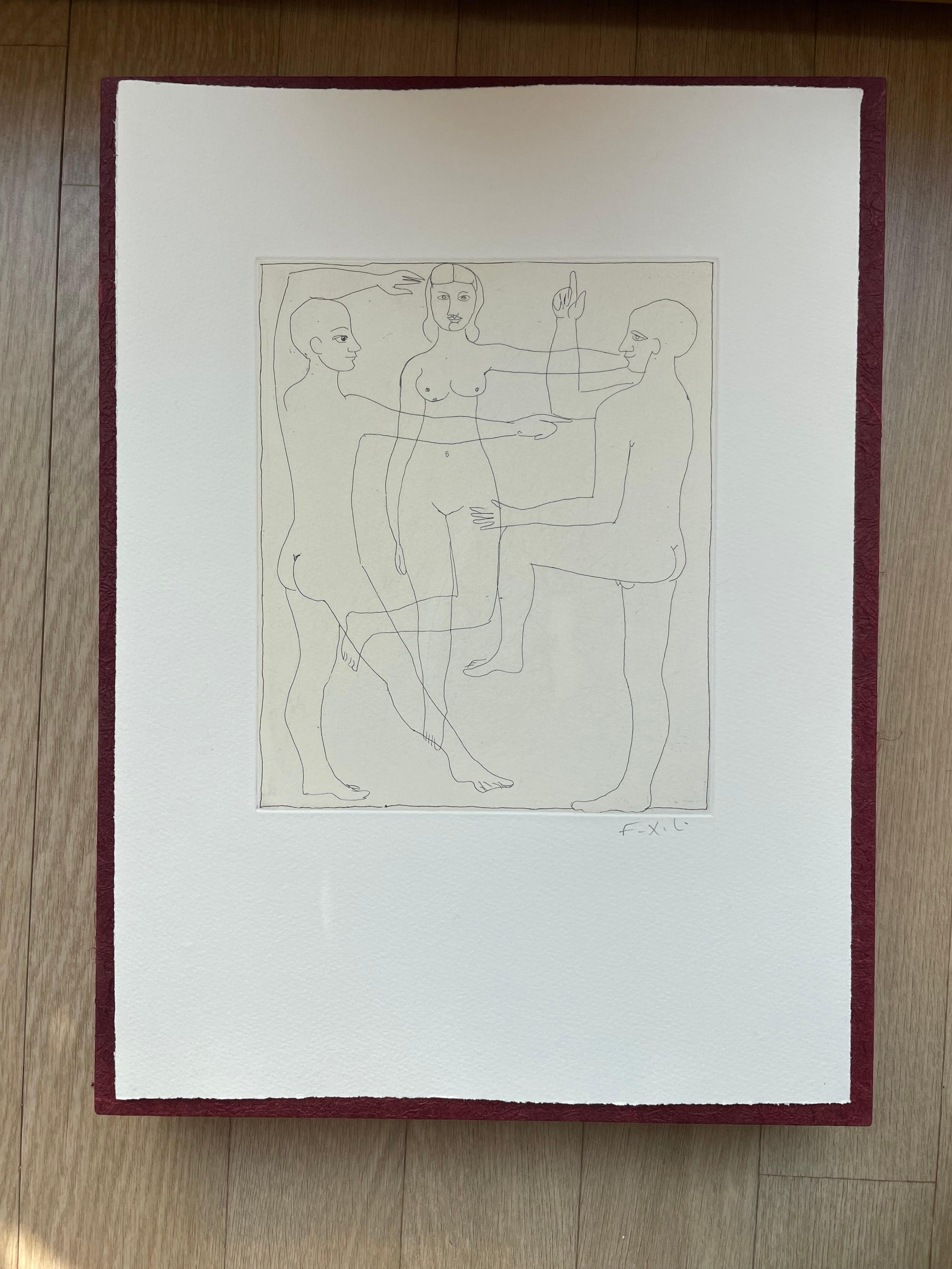  Francois-Xavier Lalanne (1927-2008) Men and woman, 2002
etching on paper hand signed in pencil by François Xavier Lalanne, in perfect condition
 
This etching by François Xavier Lalanne depicts two men and a woman, and recalls Pablo Picasso and