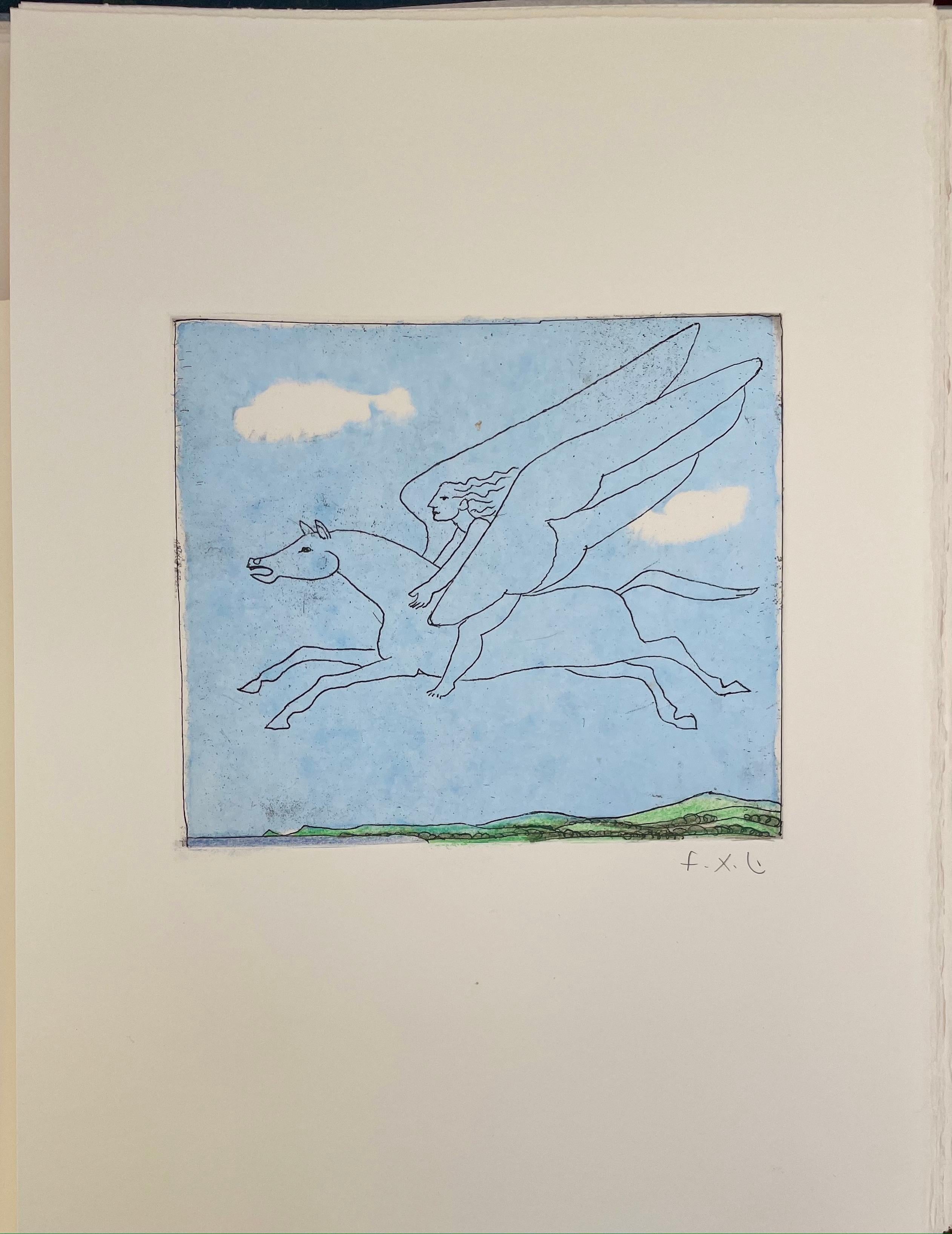 François-Xavier Lalanne (1927-2008) Pegasus, 2005 
Technik : Radierung und weicher Firnis mit Farbstift gehöht, mit Bleistift signiert von François Xavier Lalanne, in perfektem Zustand 
Abmessungen des Papiers: 38 x 28 cm (14,96 x 11 Zoll)