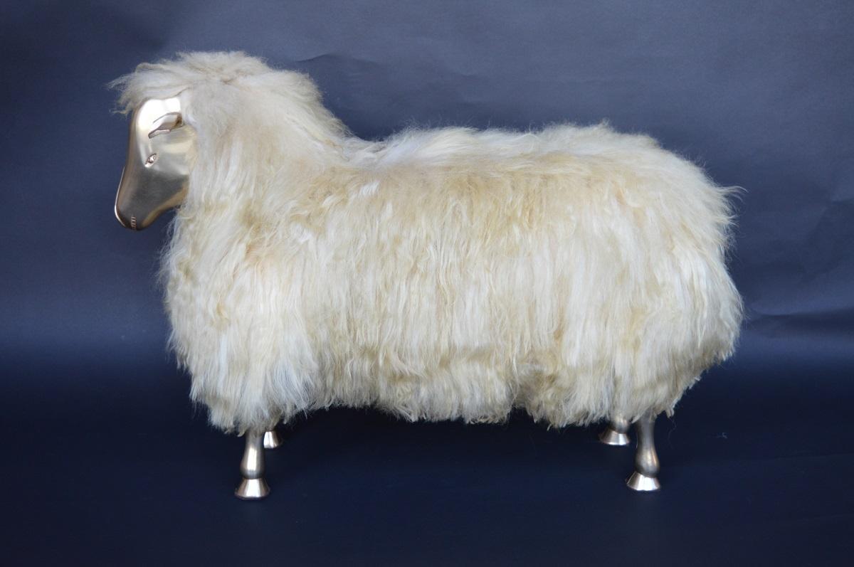 French Provincial Beautiful Brass and Wool-Covered Wood Sheep, France, 20th Century