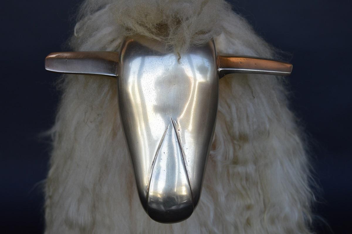 French Beautiful Brass and Wool-Covered Wood Sheep, France, 20th Century