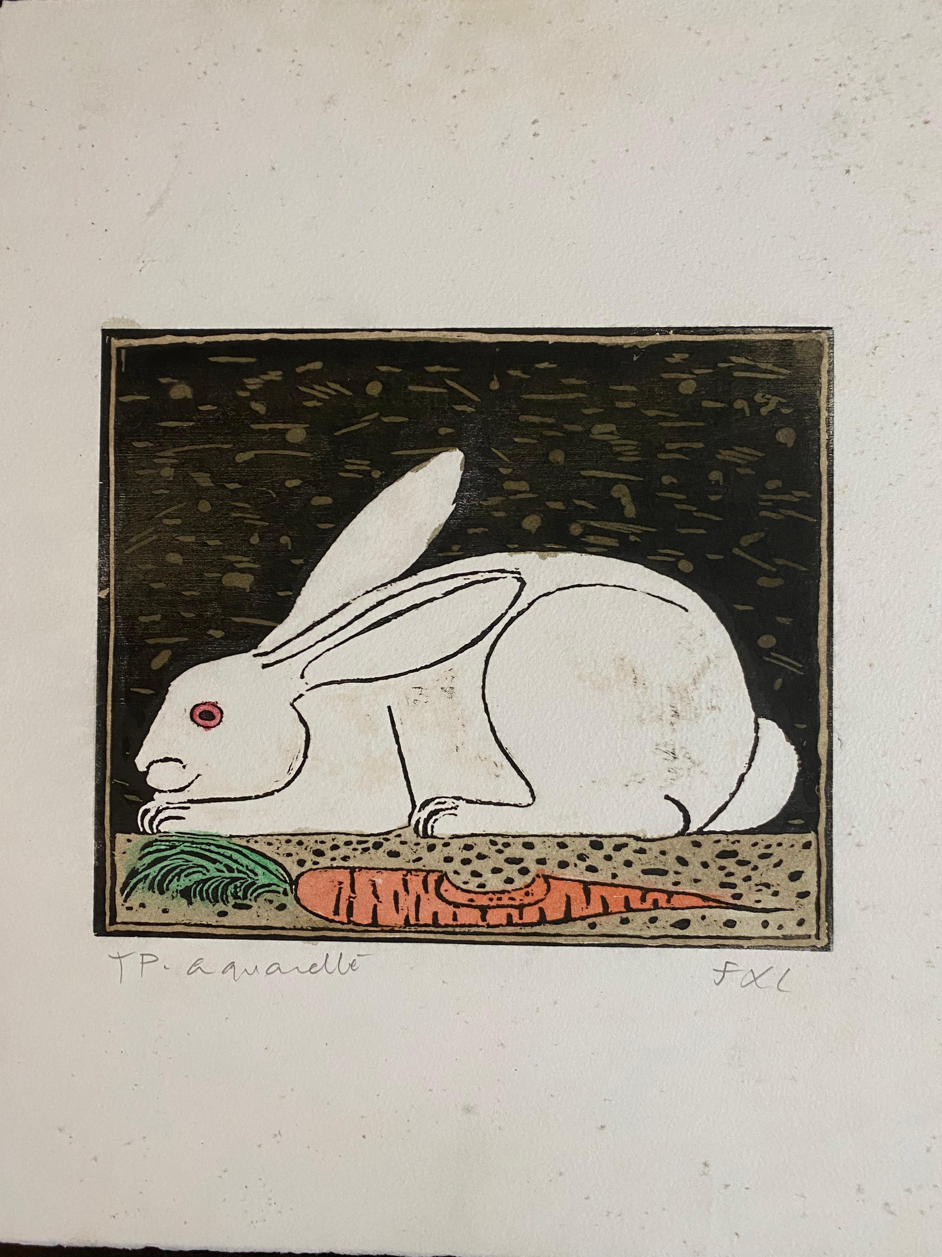 François Xavier Lalanne
Le lapin 
Pièce unique 
Aquarelle lithographie
Travaux préparatoires ( TP )
Signé au crayon par l'artiste. 
1978
Publié par la Hune 
Taille de la feuille : 33 x 25,3 cm
Taille de l'œuvre : 19,5 x 16 cm 
Réf : PM/ 5
5900 euros