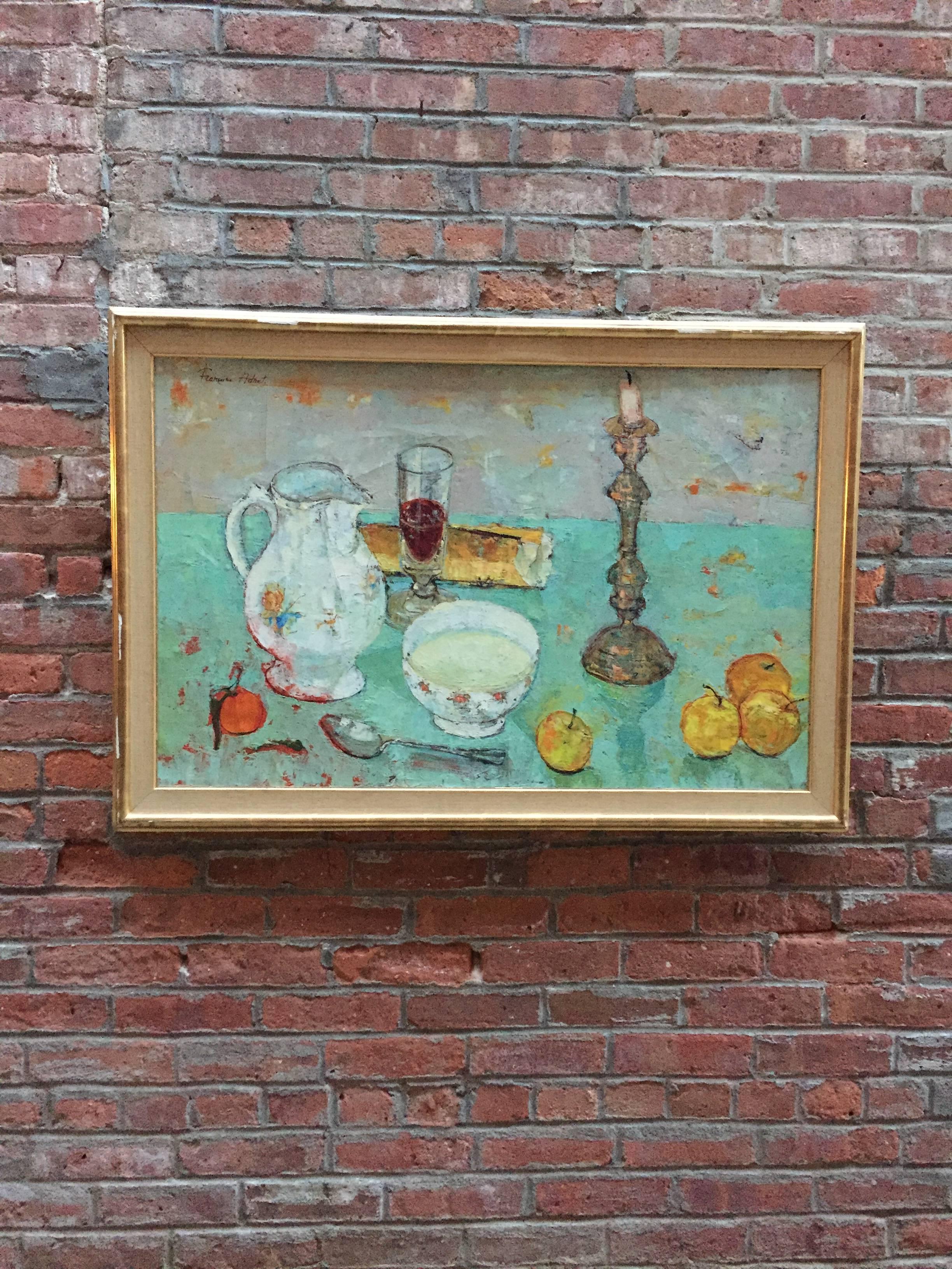 Francoise Adnet (1924-), circa 1960. The media is oil paint on canvas with a gilded wood molding. Adnet was famous for painting beautiful still-life paintings and languid and lyrical women. 


The painting is in overall good condition with some