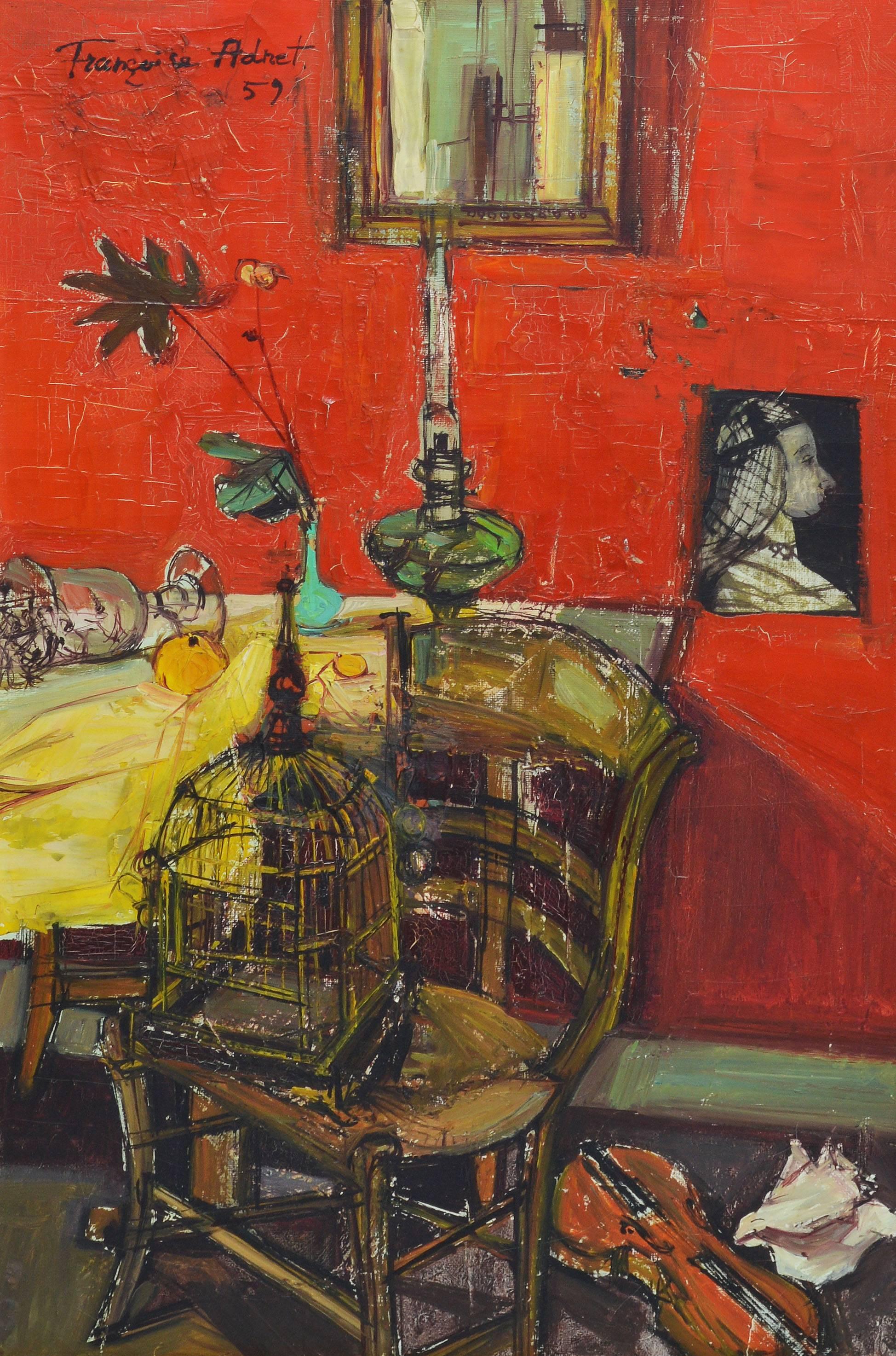 Modernist Paris School Abstracted Interior View by Françoise Adnet   - Brown Still-Life Painting by Francoise Adnet