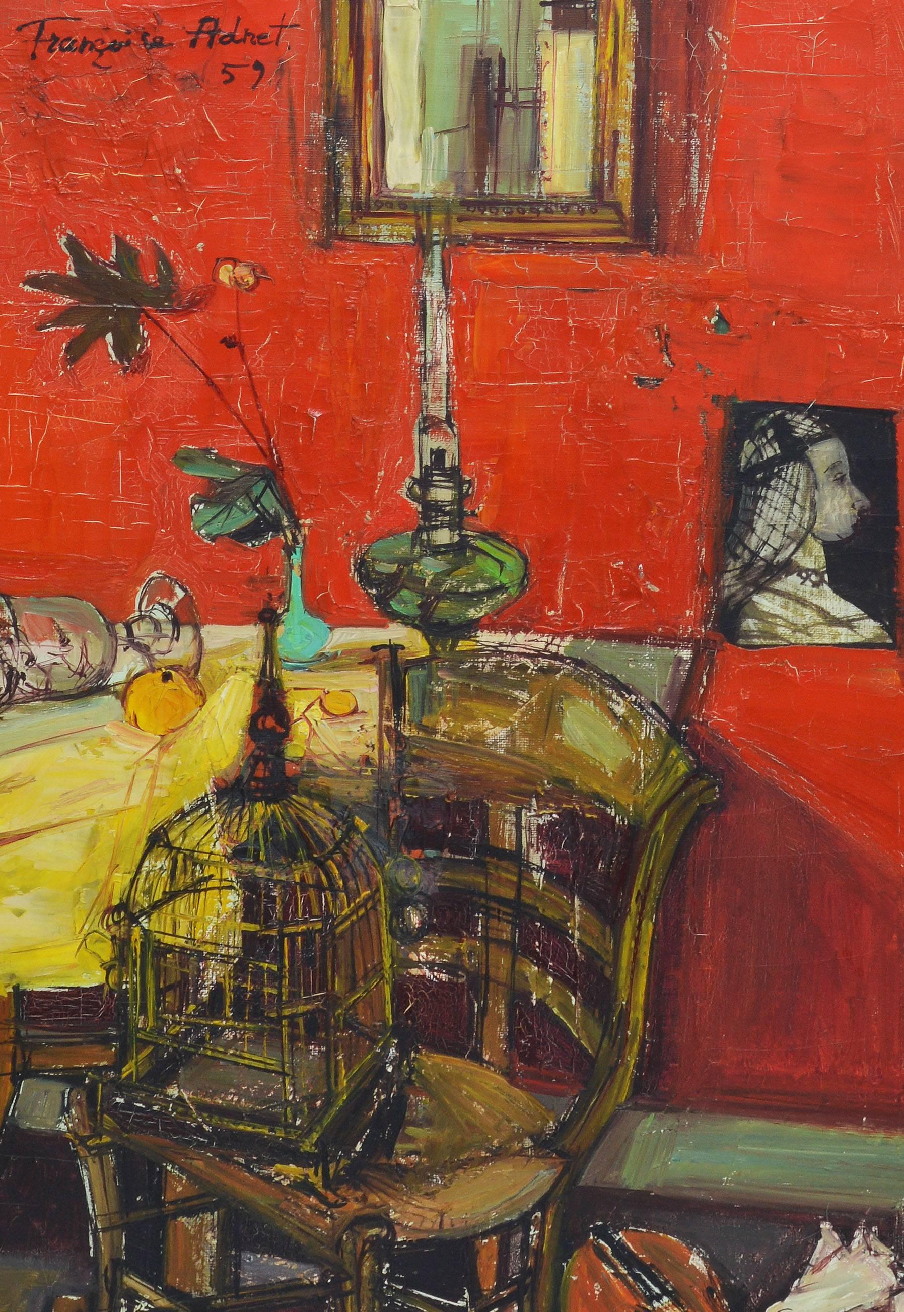 Modernist interior view by Françoise Adnet  (born 1924).  Oil on canvas, circa 1959.  Signed.  Displayed in a period modernist frame.  Image size, 13