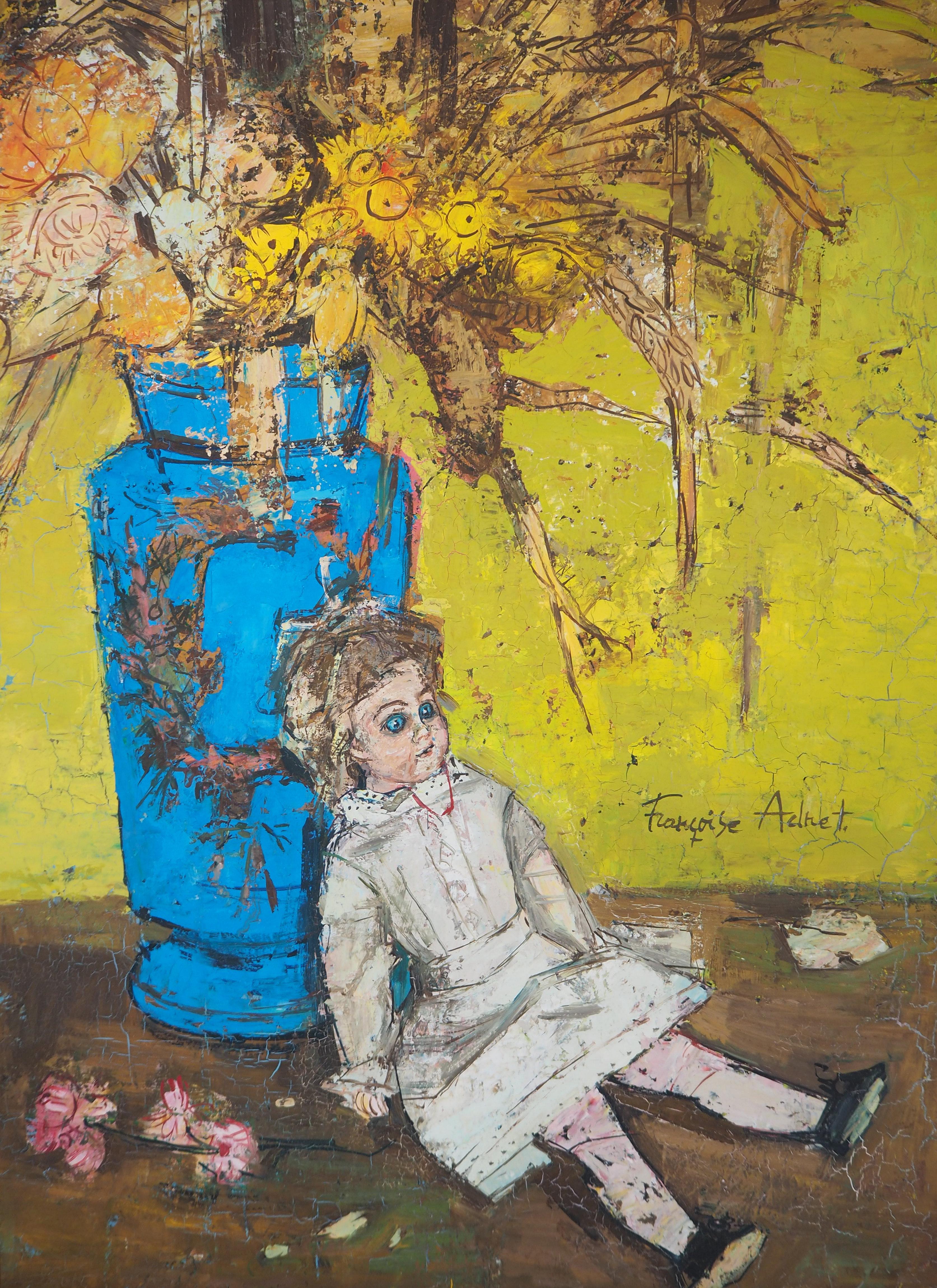 Still Life : The Doll and the Blue Vase - Original Oil on canvas, Signed - Painting by Francoise Adnet