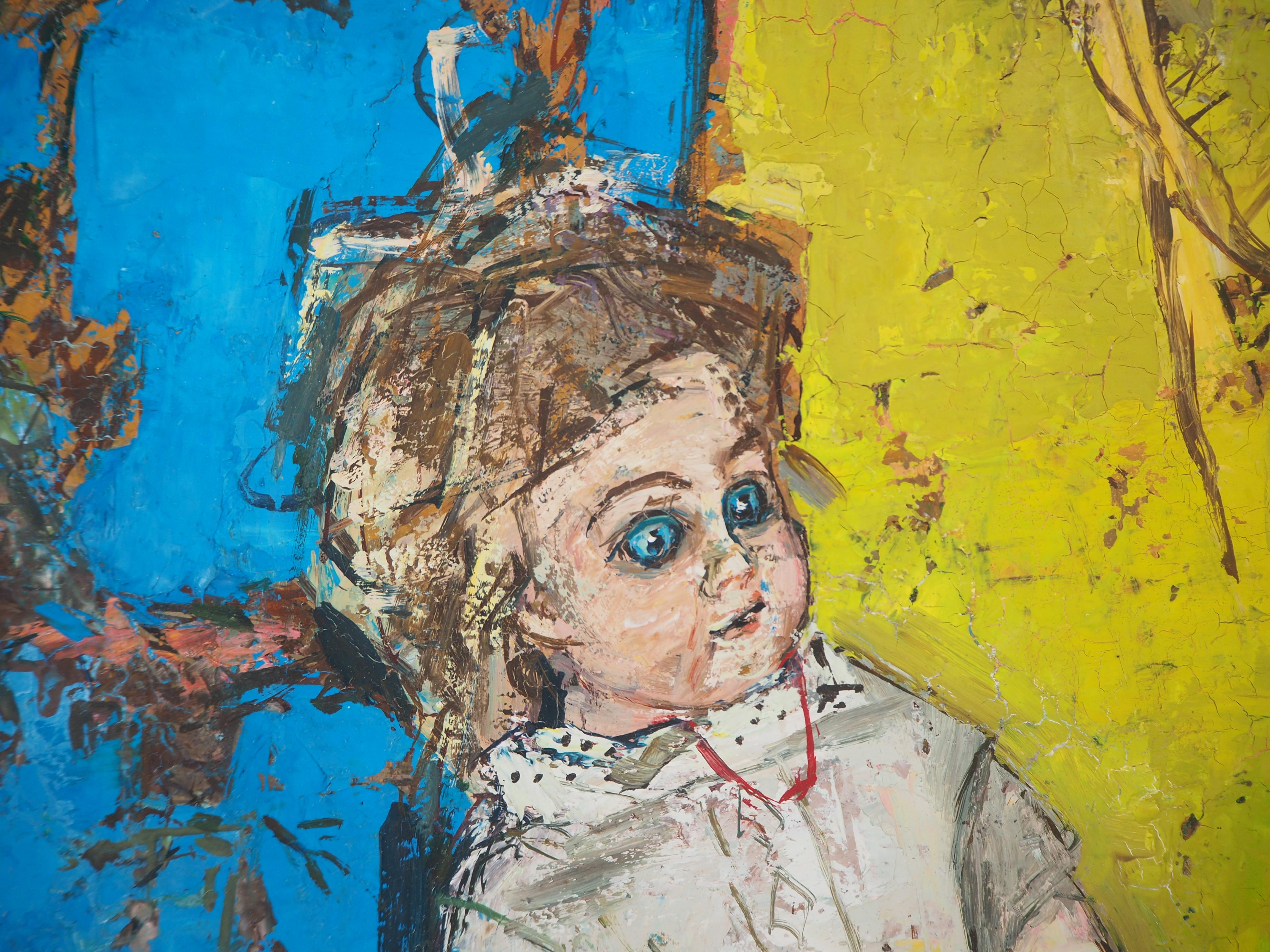 Naturaleza muerta : La muñeca y el jarrón azul - Óleo original sobre lienzo, Firmado - Interior Painting Marrón de Francoise Adnet